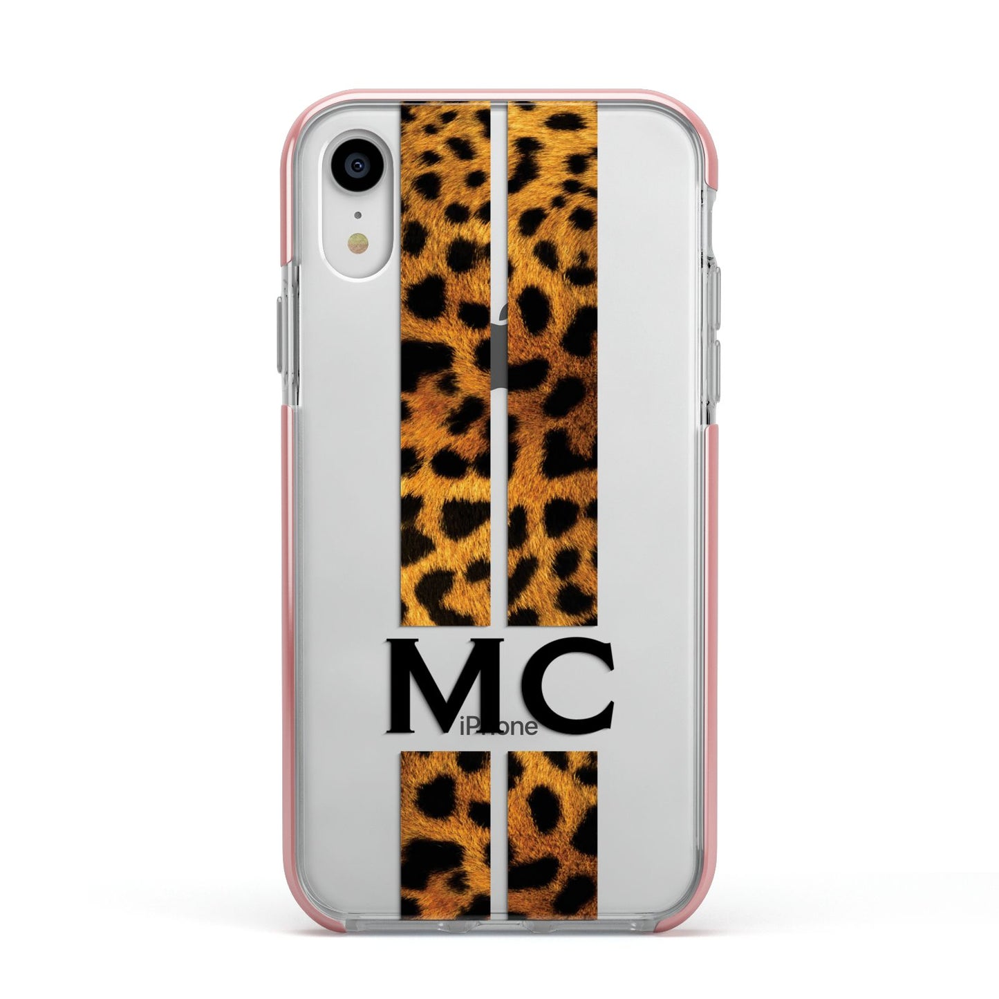 Personalised Leopard Print Stripes Initials Apple iPhone XR Impact Case Pink Edge on Silver Phone