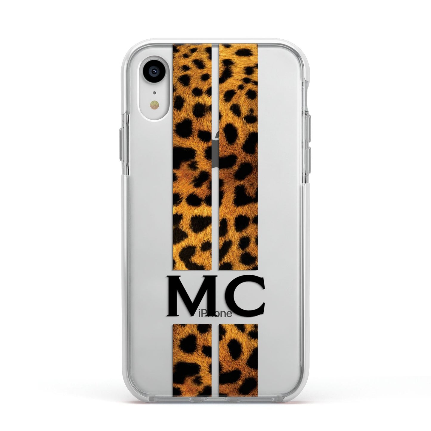 Personalised Leopard Print Stripes Initials Apple iPhone XR Impact Case White Edge on Silver Phone