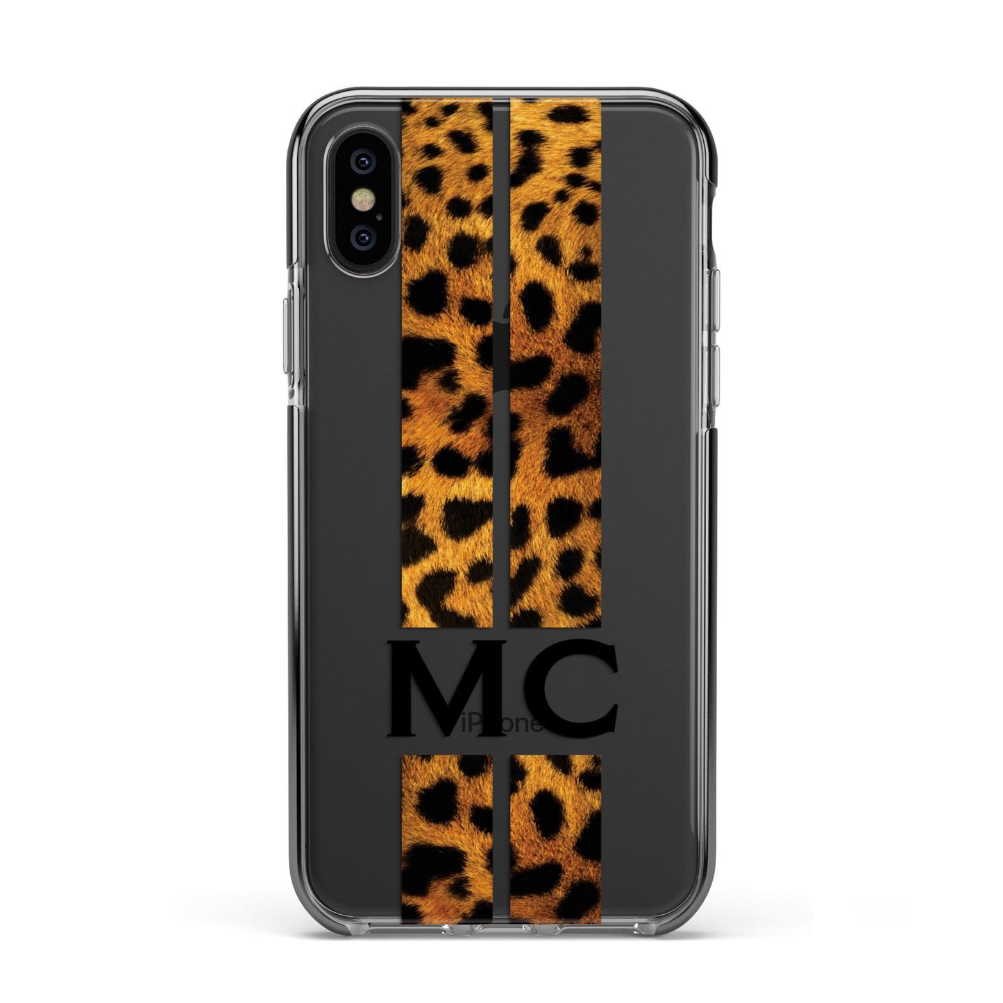 Personalised Leopard Print Stripes Initials Apple iPhone Xs Impact Case Black Edge on Black Phone