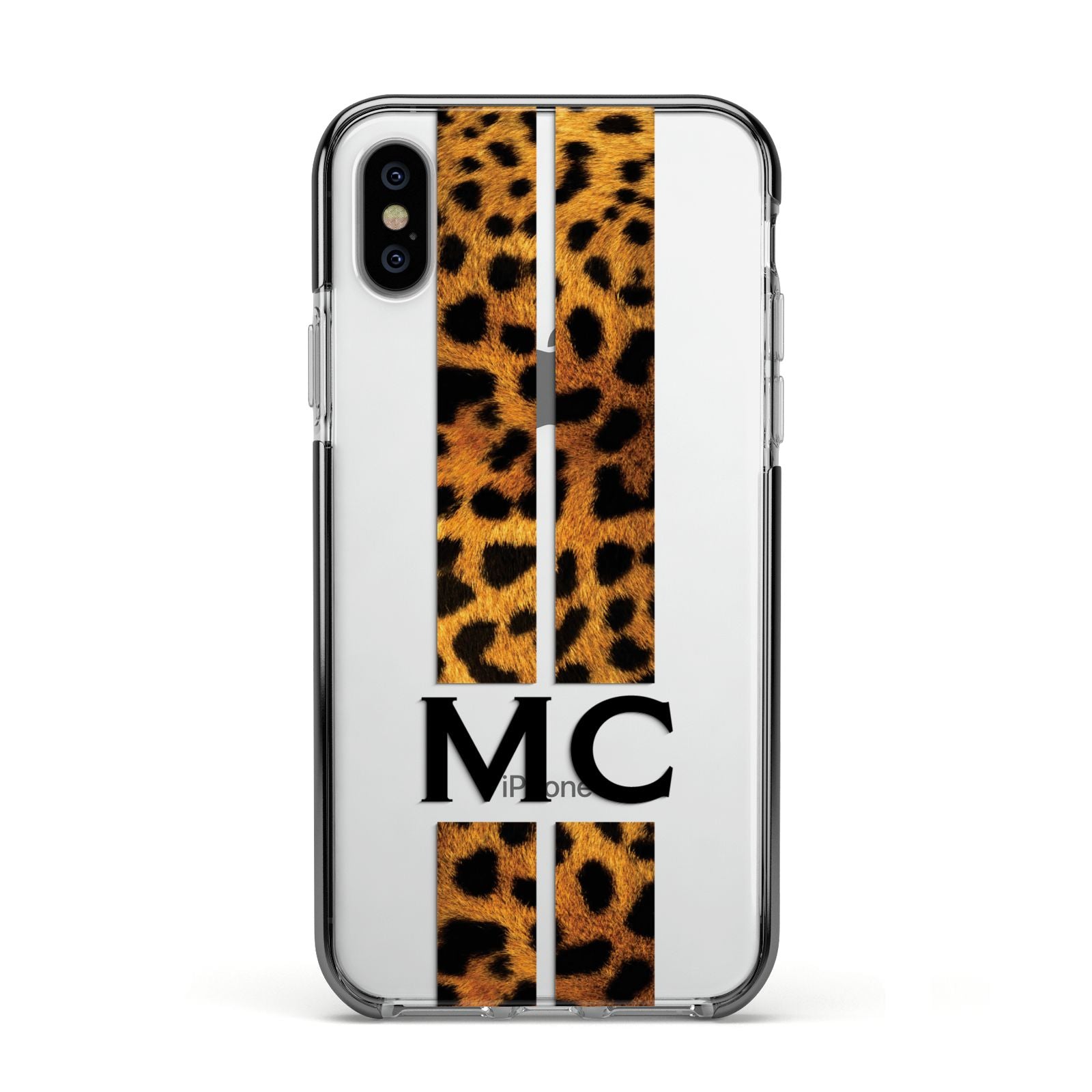 Personalised Leopard Print Stripes Initials Apple iPhone Xs Impact Case Black Edge on Silver Phone