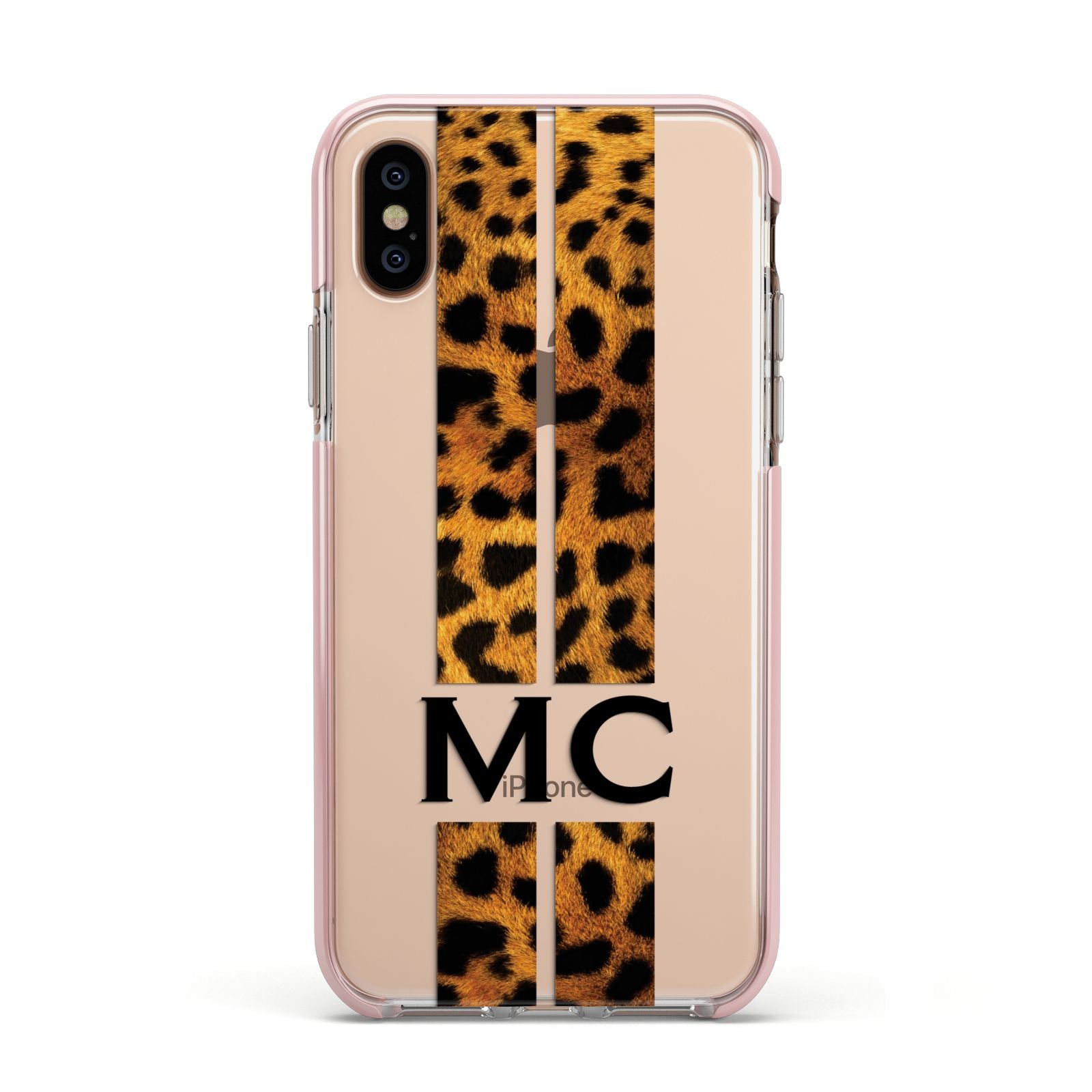 Personalised Leopard Print Stripes Initials Apple iPhone Xs Impact Case Pink Edge on Gold Phone