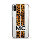 Personalised Leopard Print Stripes Initials Apple iPhone Xs Impact Case Pink Edge on Silver Phone