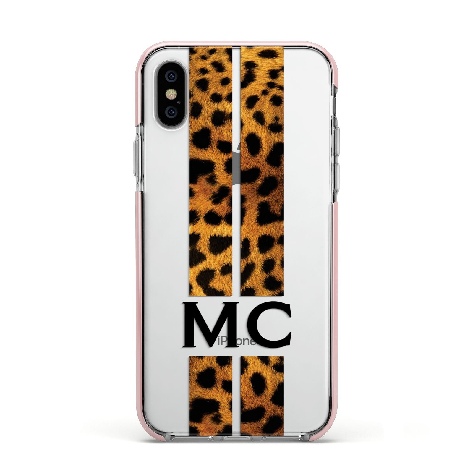 Personalised Leopard Print Stripes Initials Apple iPhone Xs Impact Case Pink Edge on Silver Phone