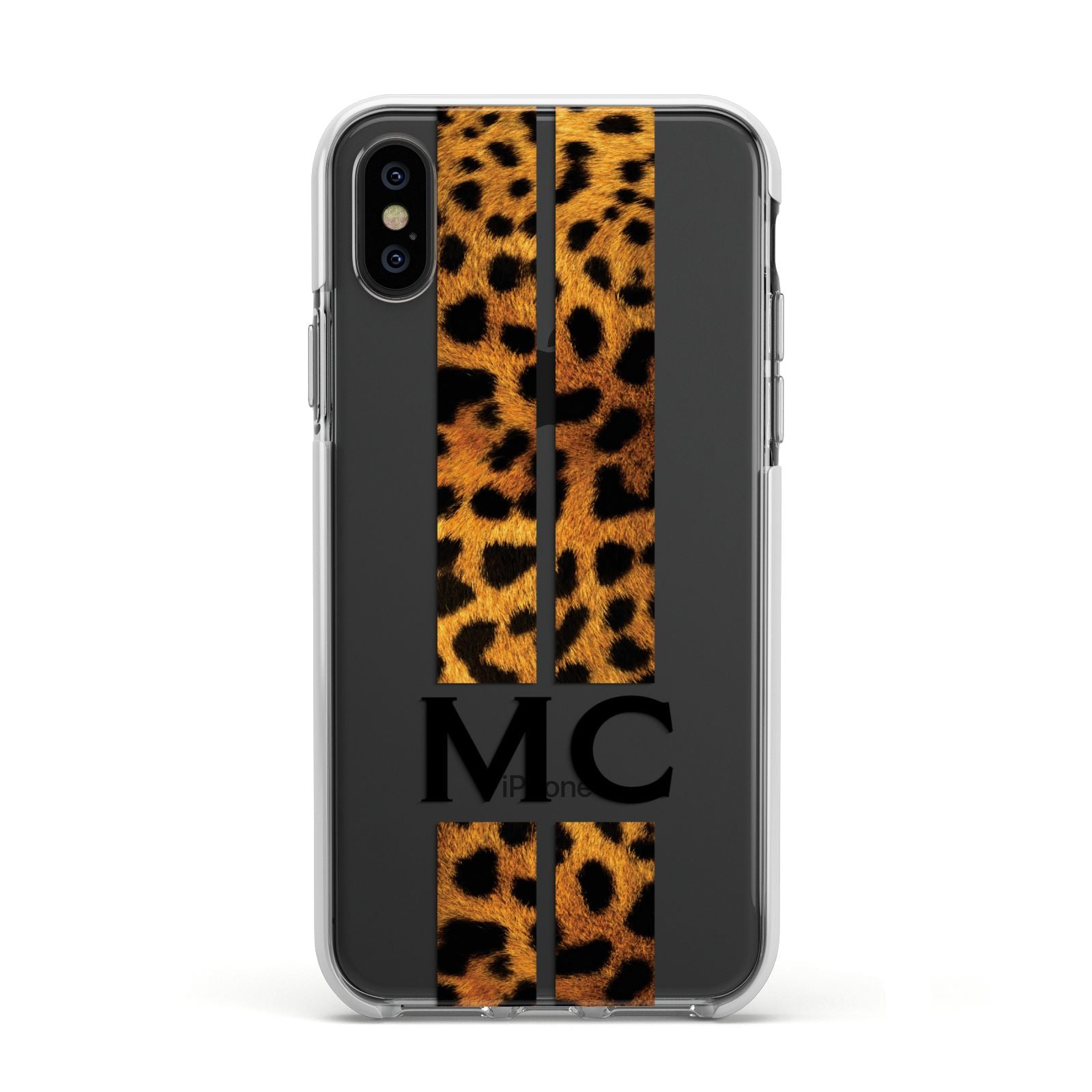 Personalised Leopard Print Stripes Initials Apple iPhone Xs Impact Case White Edge on Black Phone