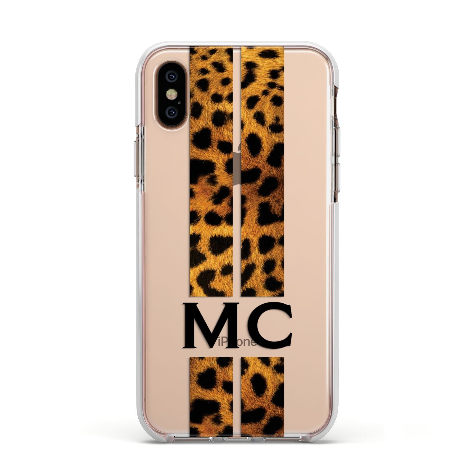 Personalised Leopard Print Stripes Initials Apple iPhone Xs Impact Case White Edge on Gold Phone