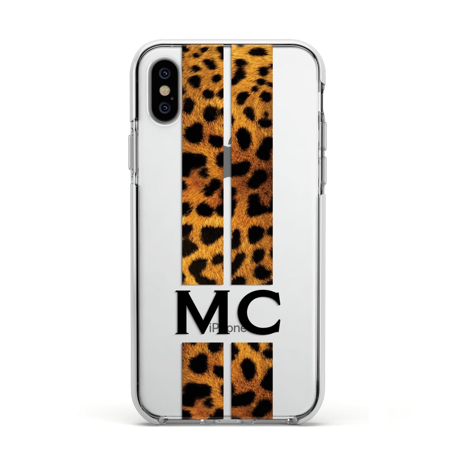 Personalised Leopard Print Stripes Initials Apple iPhone Xs Impact Case White Edge on Silver Phone