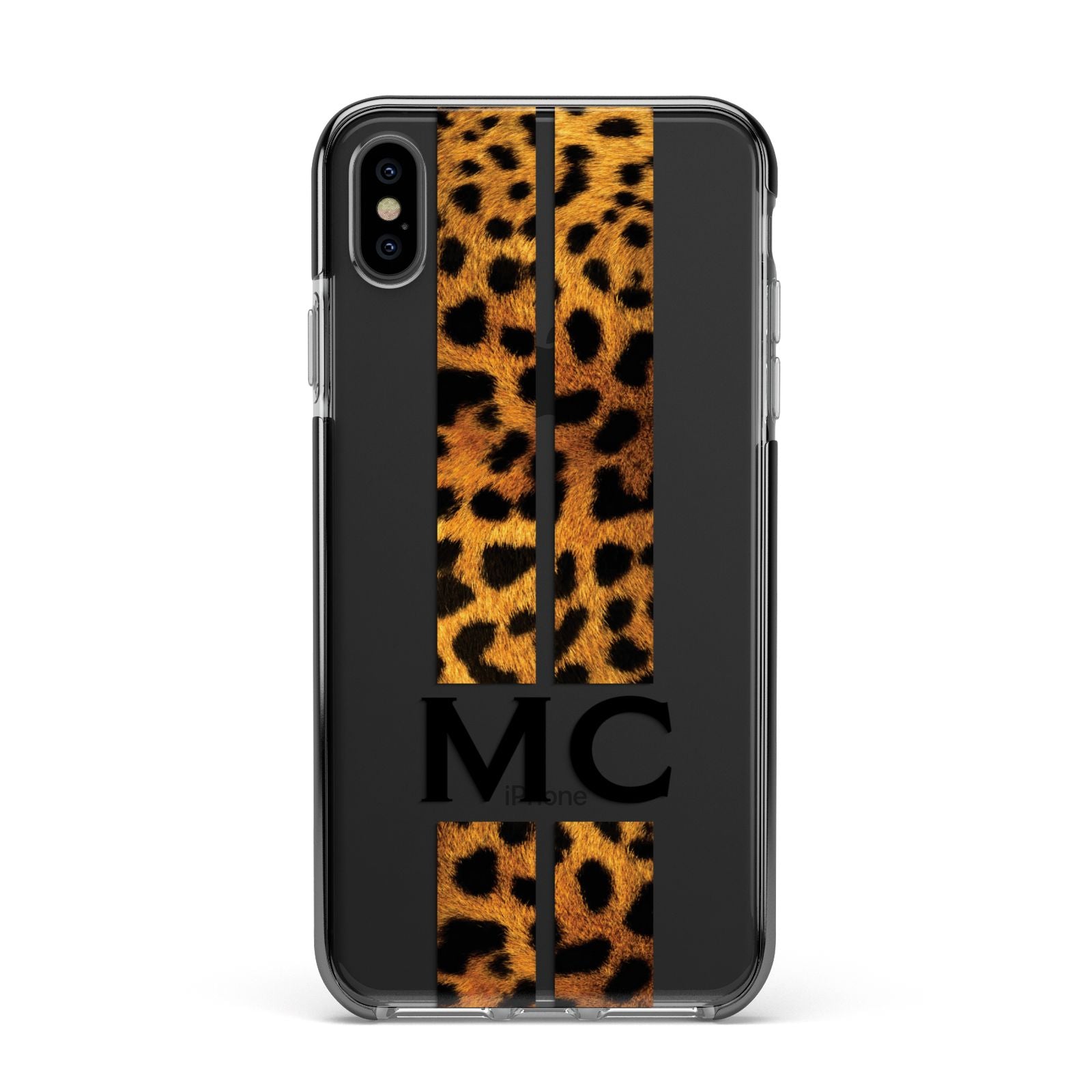 Personalised Leopard Print Stripes Initials Apple iPhone Xs Max Impact Case Black Edge on Black Phone
