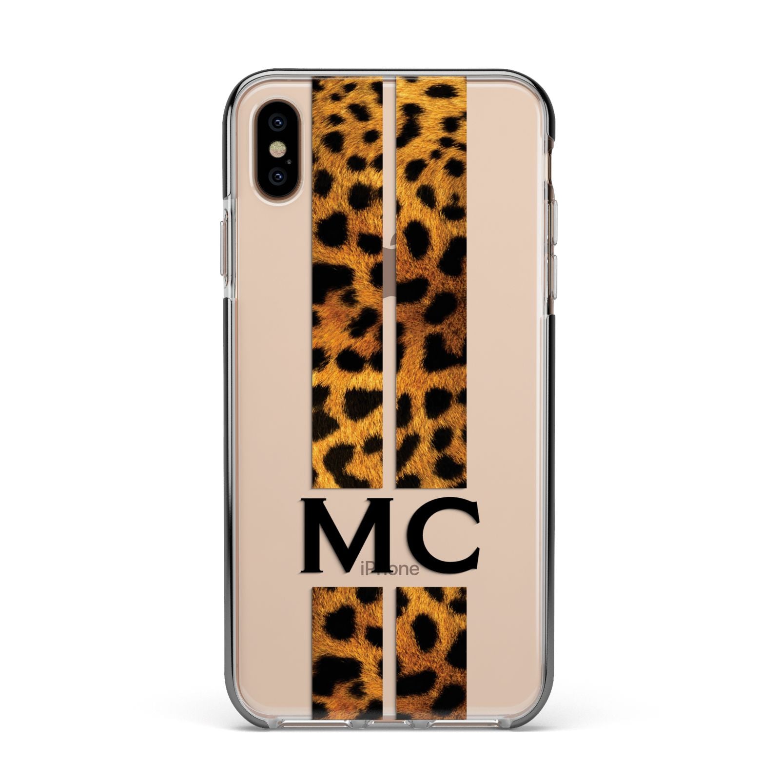 Personalised Leopard Print Stripes Initials Apple iPhone Xs Max Impact Case Black Edge on Gold Phone