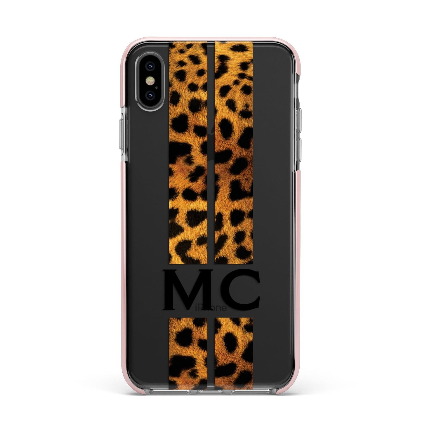 Personalised Leopard Print Stripes Initials Apple iPhone Xs Max Impact Case Pink Edge on Black Phone