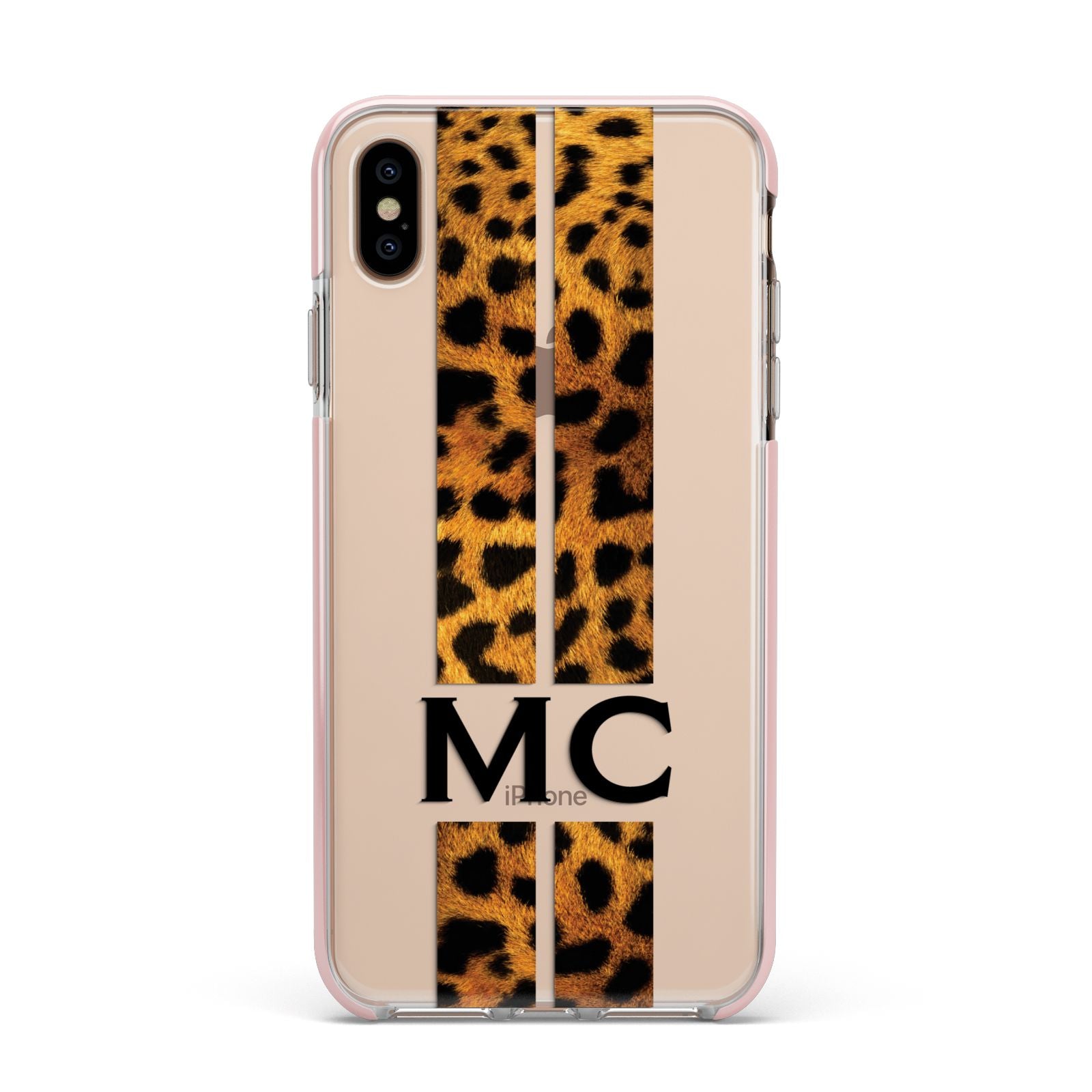 Personalised Leopard Print Stripes Initials Apple iPhone Xs Max Impact Case Pink Edge on Gold Phone