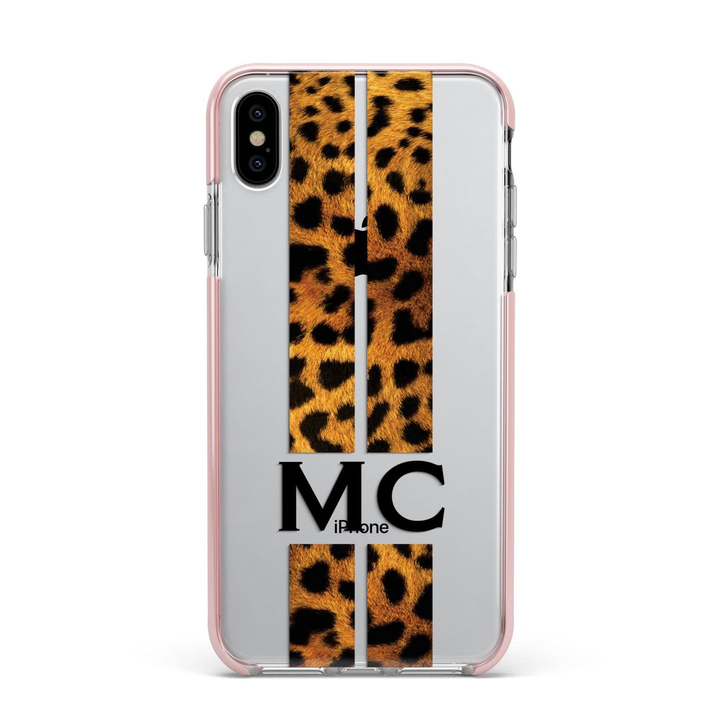 Personalised Leopard Print Stripes Initials Apple iPhone Xs Max Impact Case Pink Edge on Silver Phone