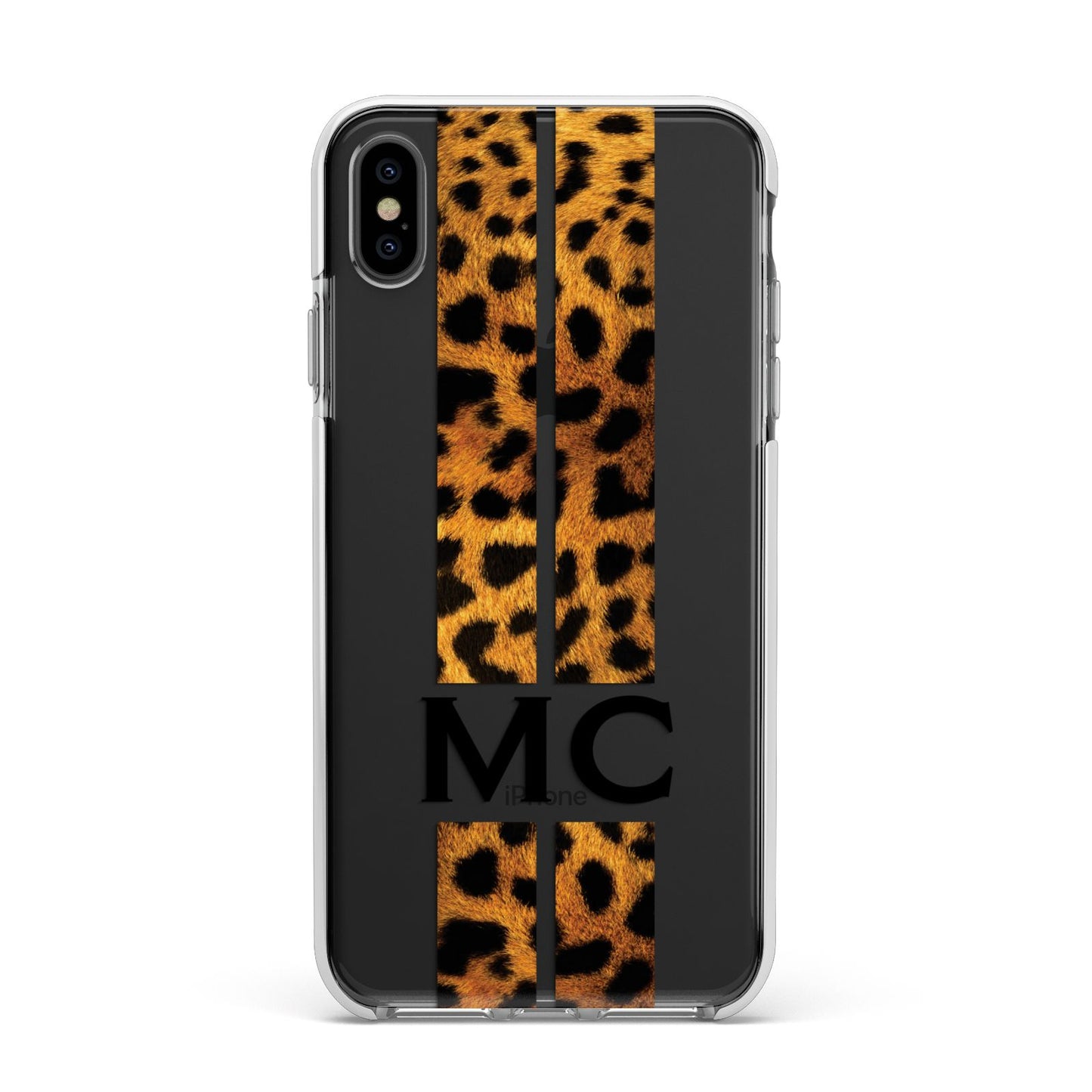 Personalised Leopard Print Stripes Initials Apple iPhone Xs Max Impact Case White Edge on Black Phone