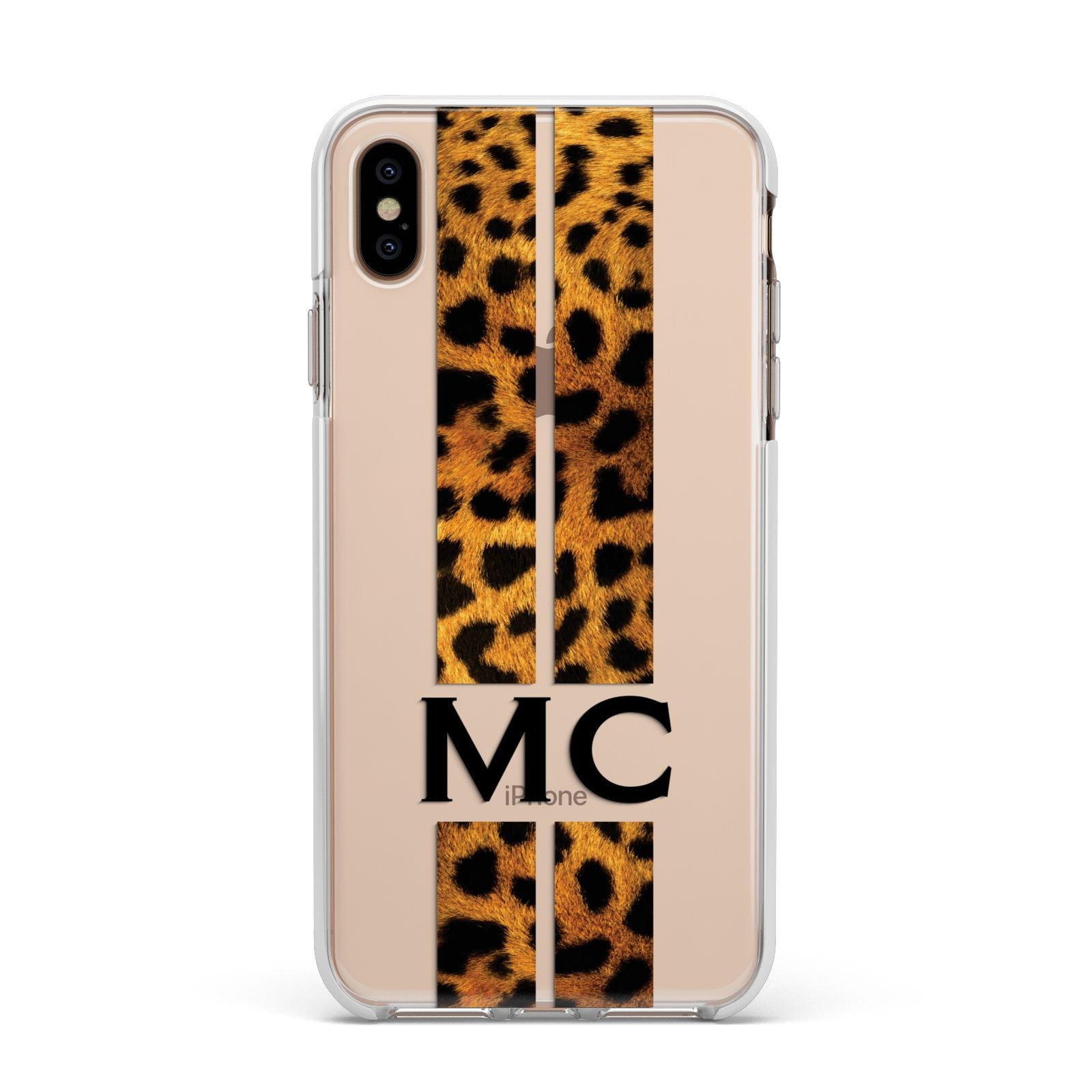 Personalised Leopard Print Stripes Initials Apple iPhone Xs Max Impact Case White Edge on Gold Phone