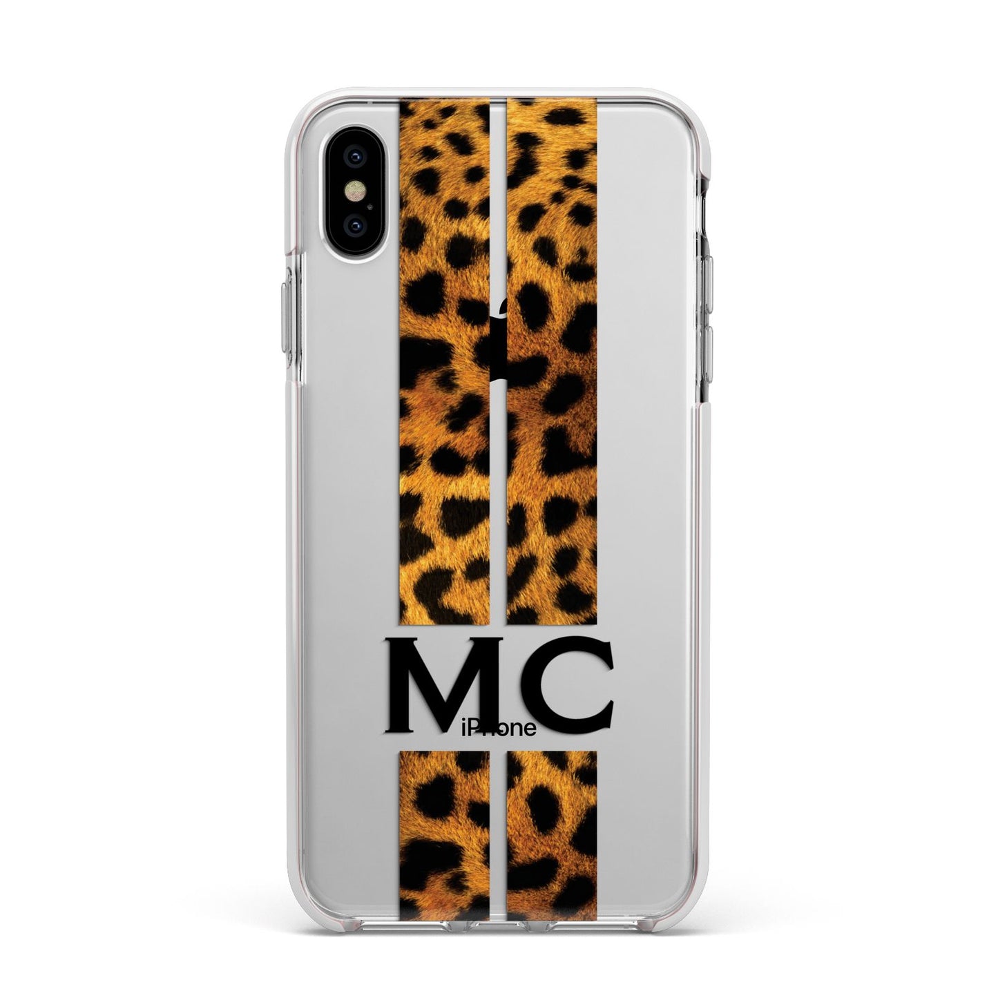 Personalised Leopard Print Stripes Initials Apple iPhone Xs Max Impact Case White Edge on Silver Phone