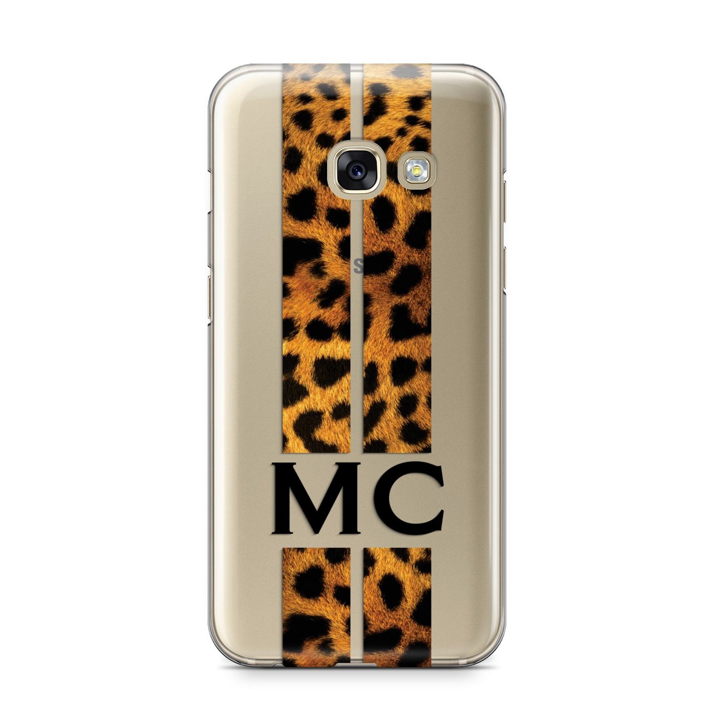 Personalised Leopard Print Stripes Initials Samsung Galaxy A3 2017 Case on gold phone