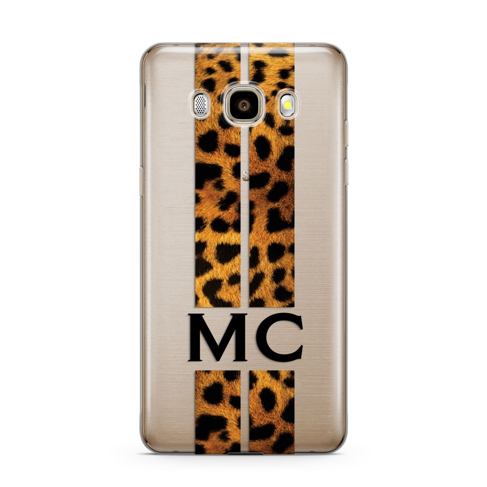 Personalised Leopard Print Stripes Initials Samsung Galaxy J7 2016 Case on gold phone