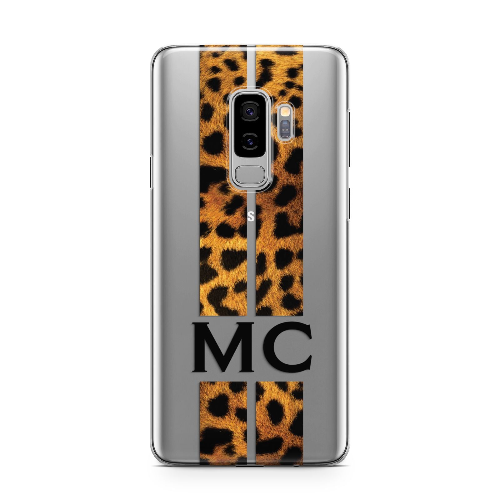 Personalised Leopard Print Stripes Initials Samsung Galaxy S9 Plus Case on Silver phone