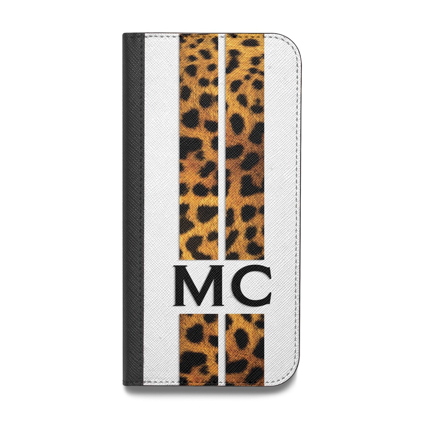 Personalised Leopard Print Stripes Initials Vegan Leather Flip iPhone Case