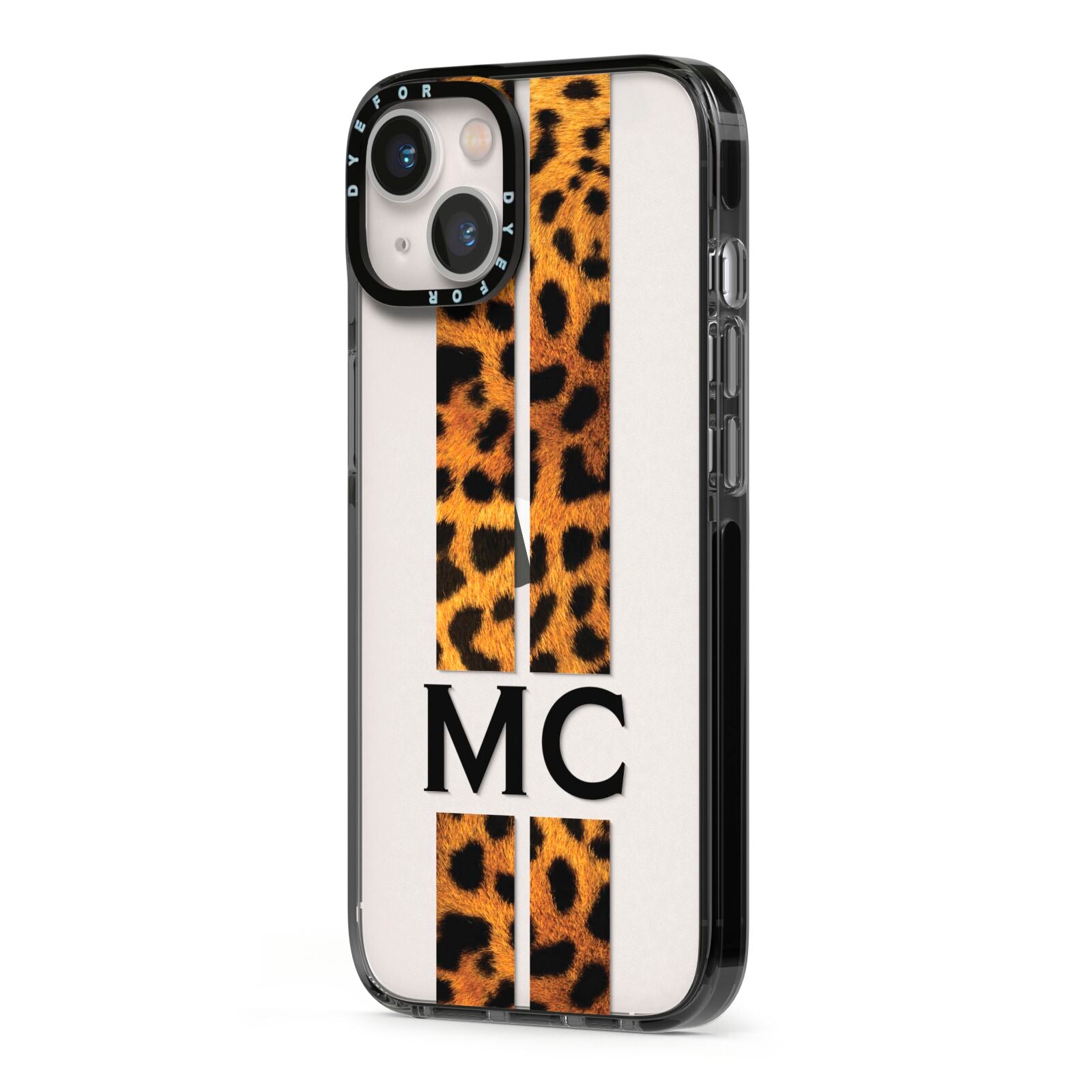 Personalised Leopard Print Stripes Initials iPhone 13 Black Impact Case Side Angle on Silver phone