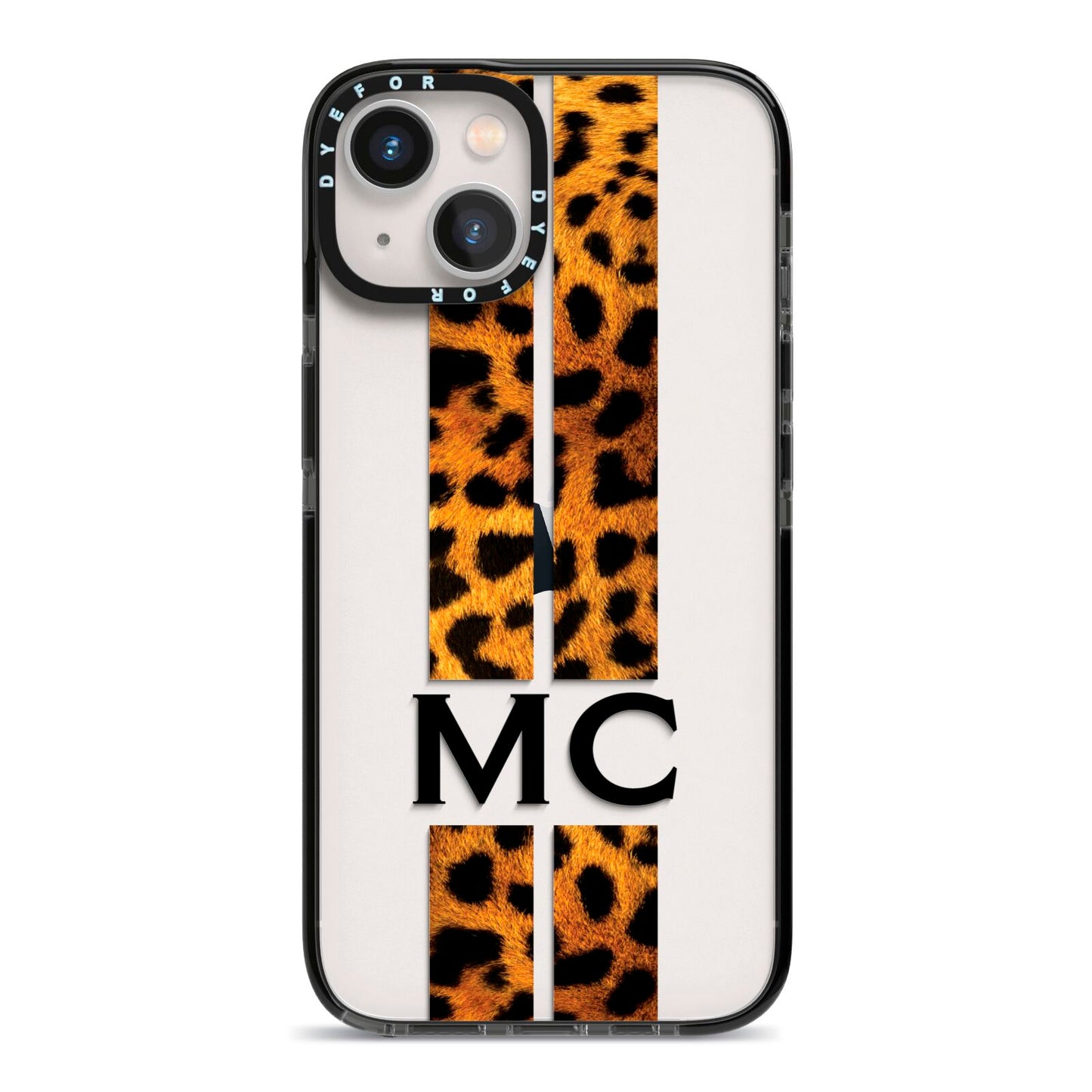 Personalised Leopard Print Stripes Initials iPhone 13 Black Impact Case on Silver phone