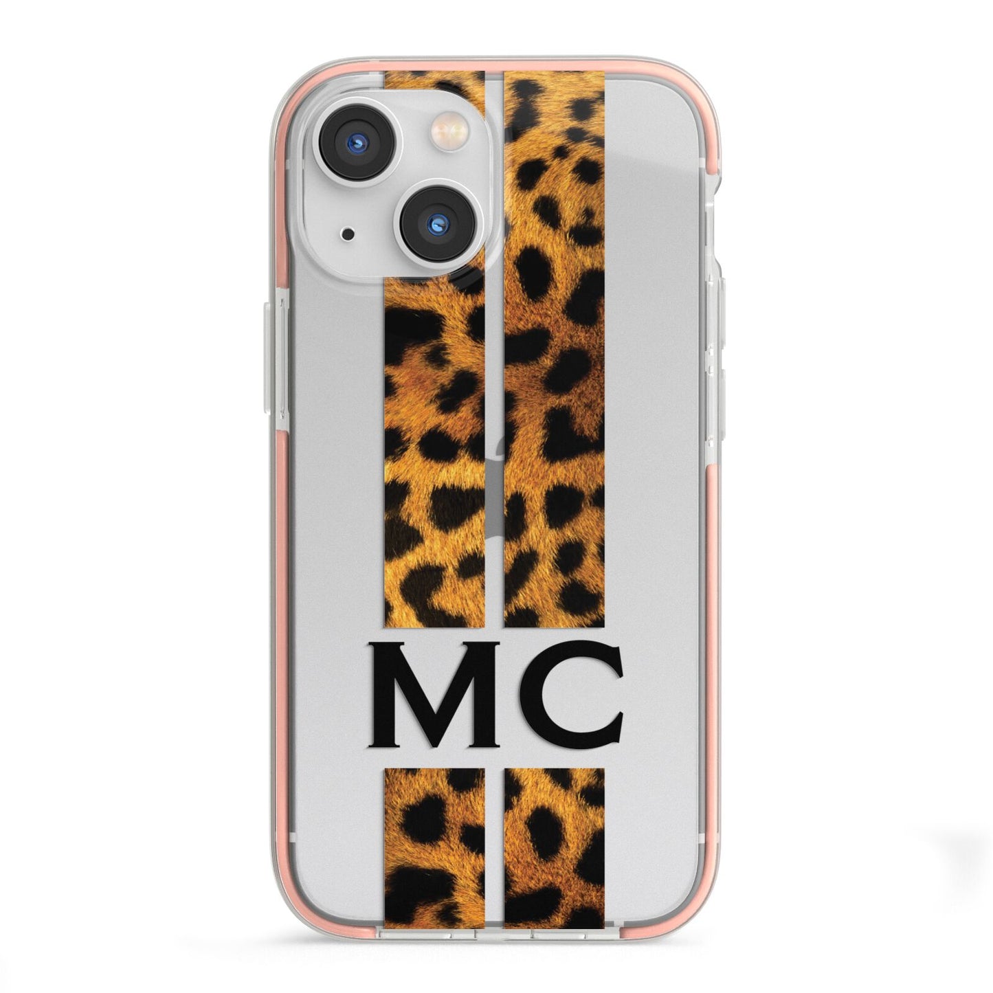 Personalised Leopard Print Stripes Initials iPhone 13 Mini TPU Impact Case with Pink Edges