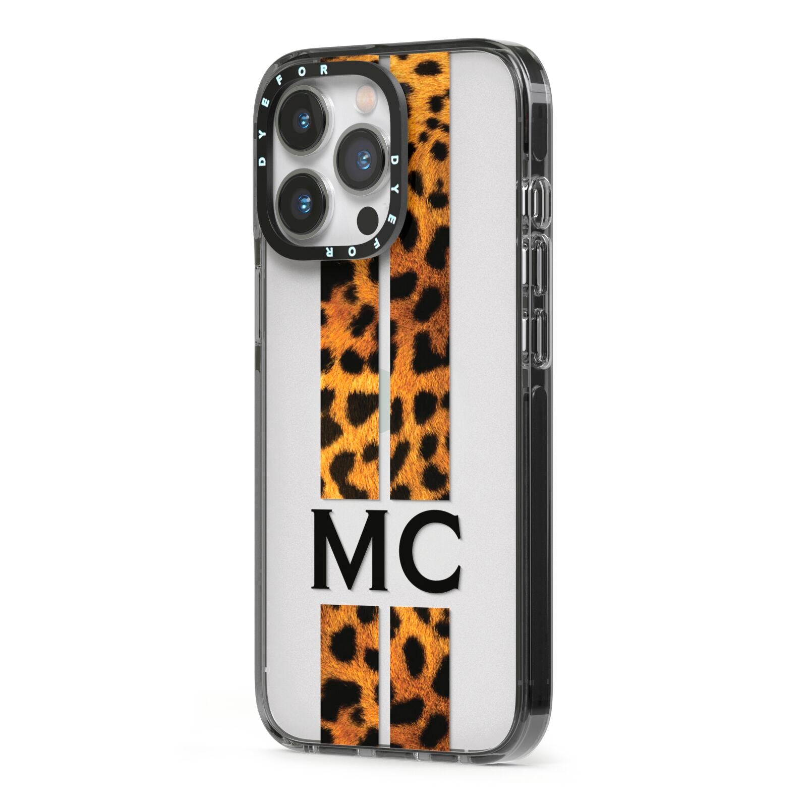 Personalised Leopard Print Stripes Initials iPhone 13 Pro Black Impact Case Side Angle on Silver phone