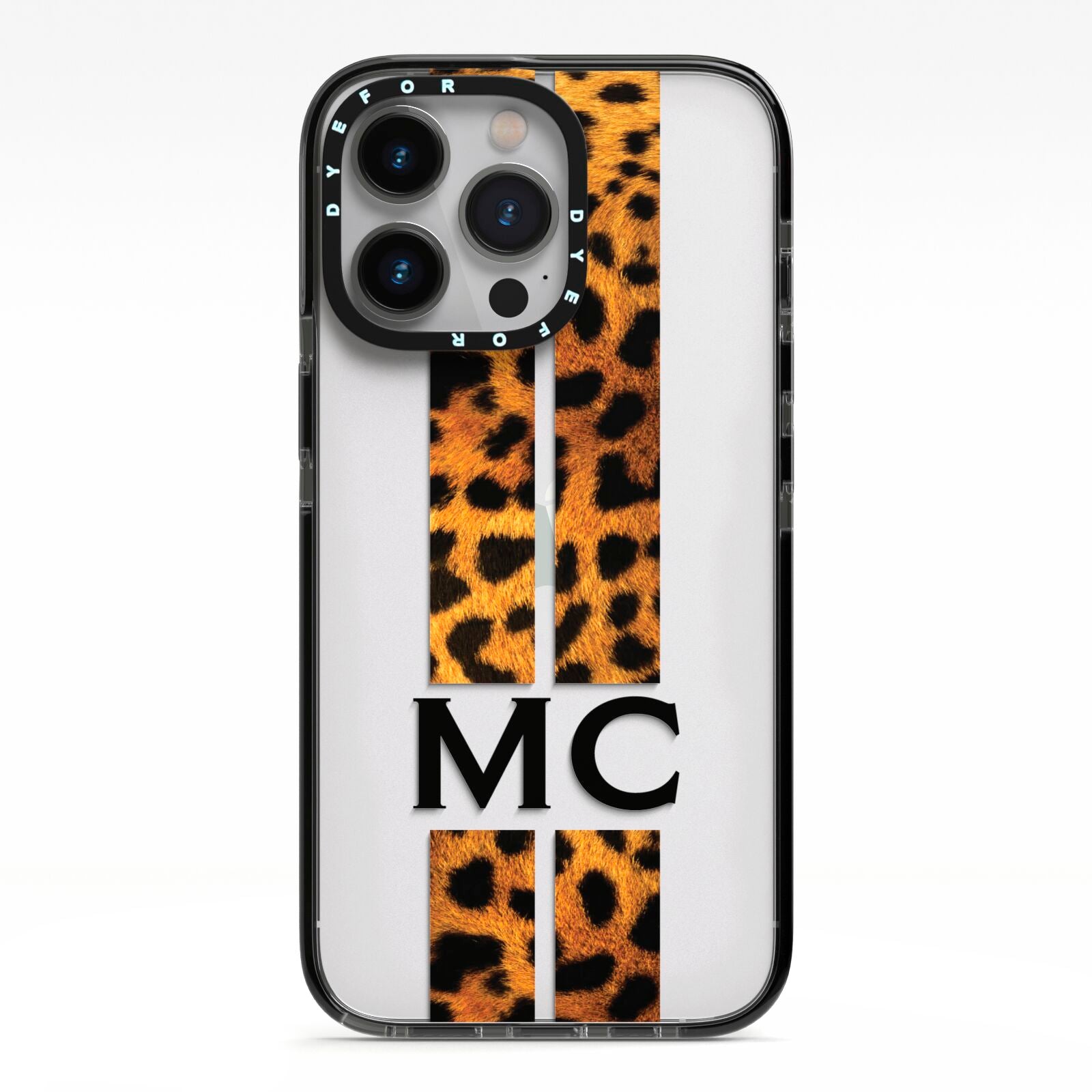 Personalised Leopard Print Stripes Initials iPhone 13 Pro Black Impact Case on Silver phone