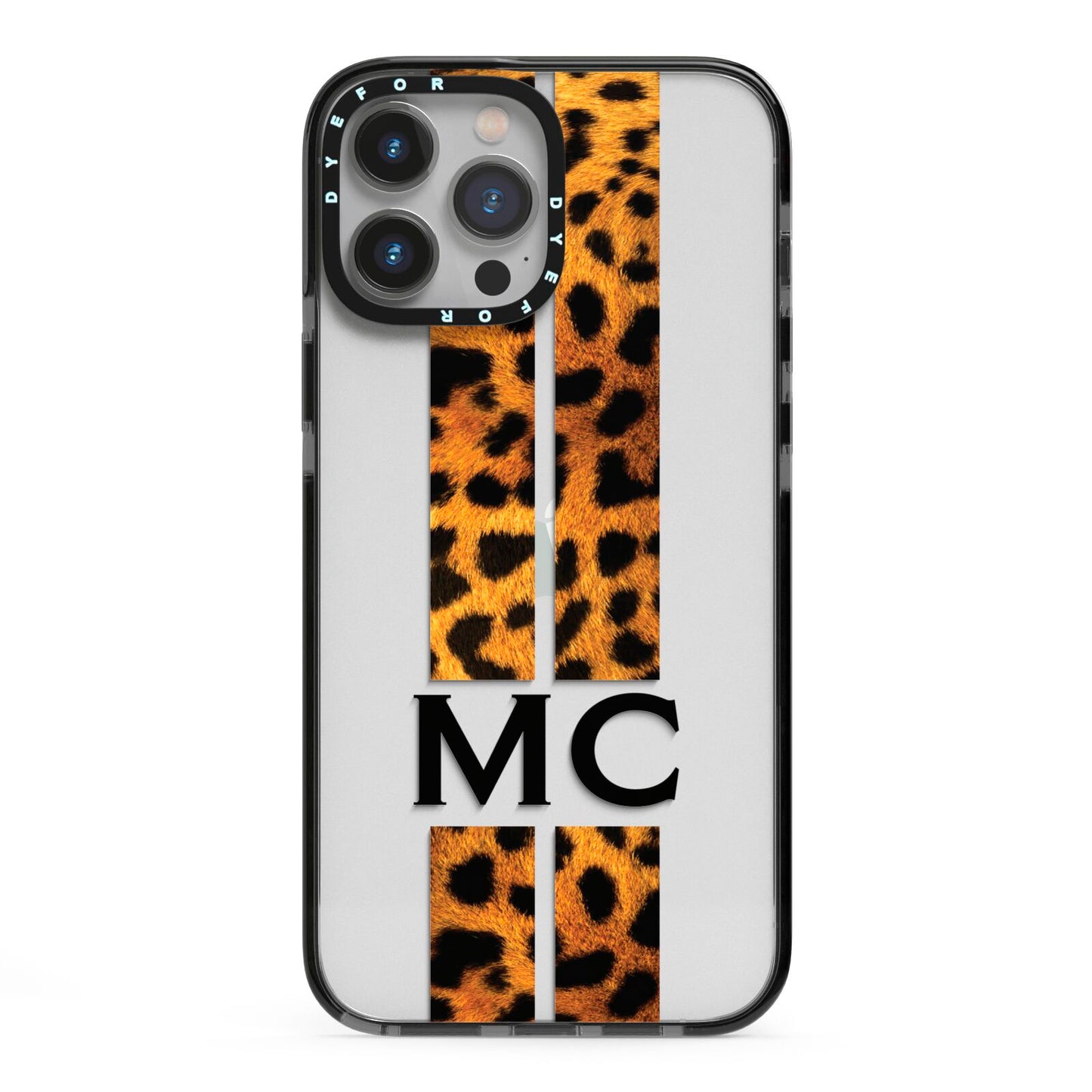 Personalised Leopard Print Stripes Initials iPhone 13 Pro Max Black Impact Case on Silver phone