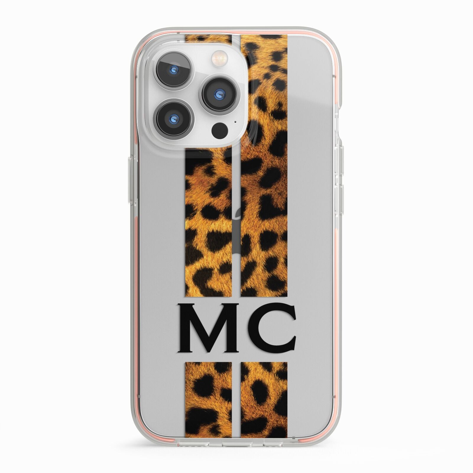 Personalised Leopard Print Stripes Initials iPhone 13 Pro TPU Impact Case with Pink Edges