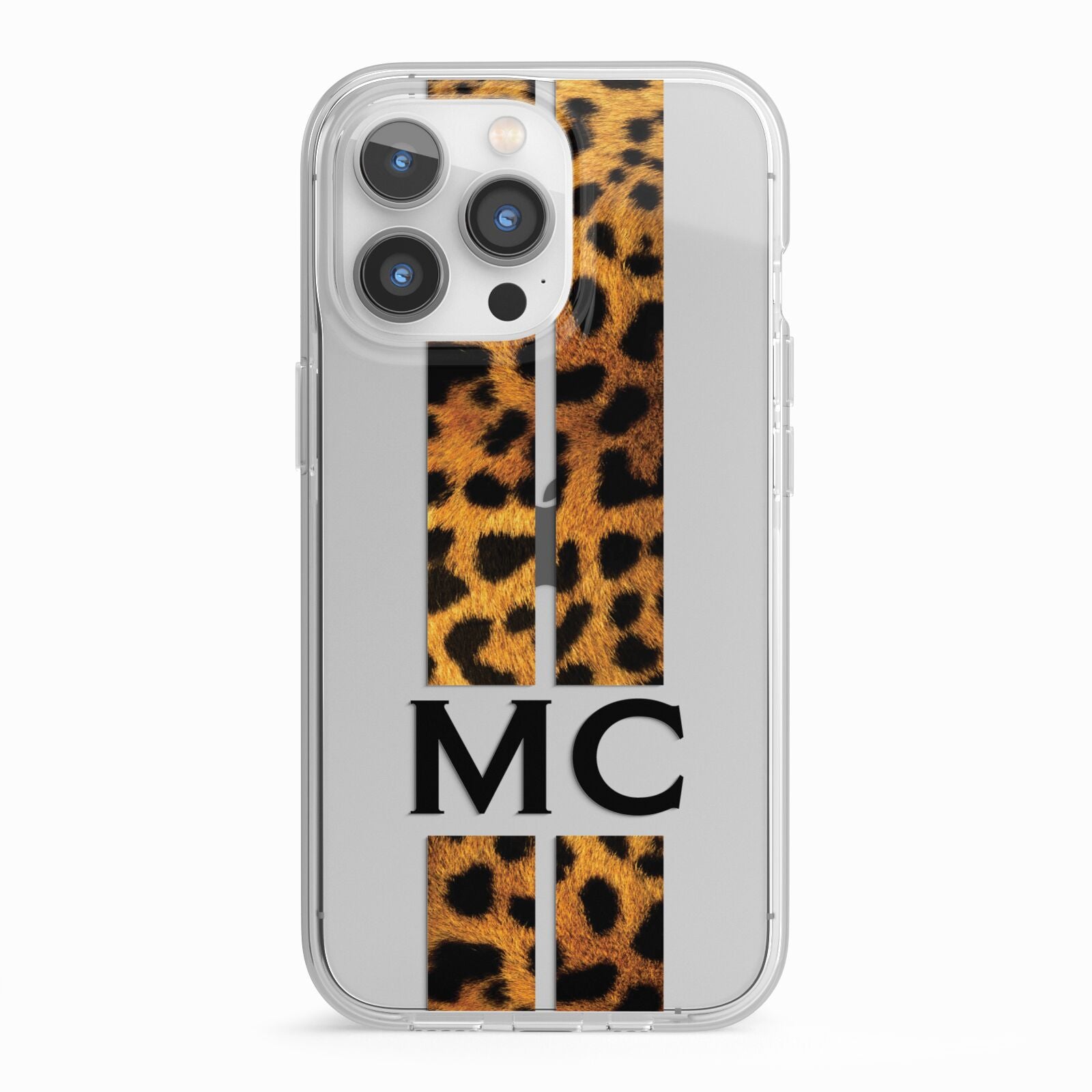 Personalised Leopard Print Stripes Initials iPhone 13 Pro TPU Impact Case with White Edges