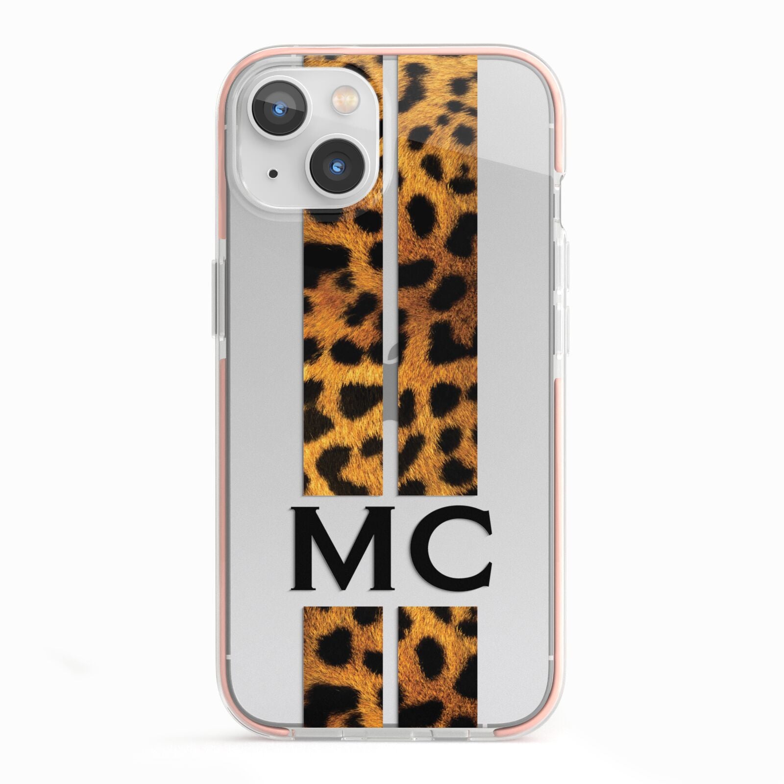 Personalised Leopard Print Stripes Initials iPhone 13 TPU Impact Case with Pink Edges