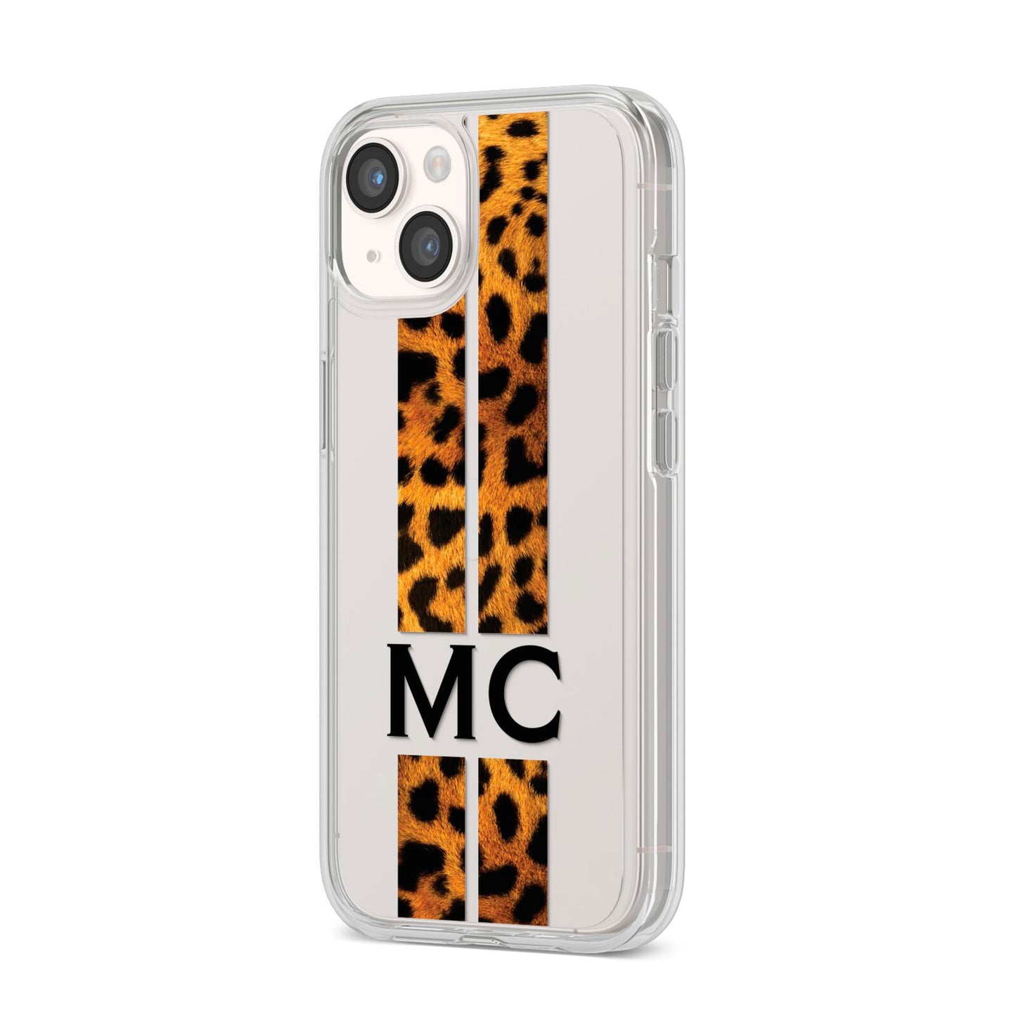 Personalised Leopard Print Stripes Initials iPhone 14 Clear Tough Case Starlight Angled Image