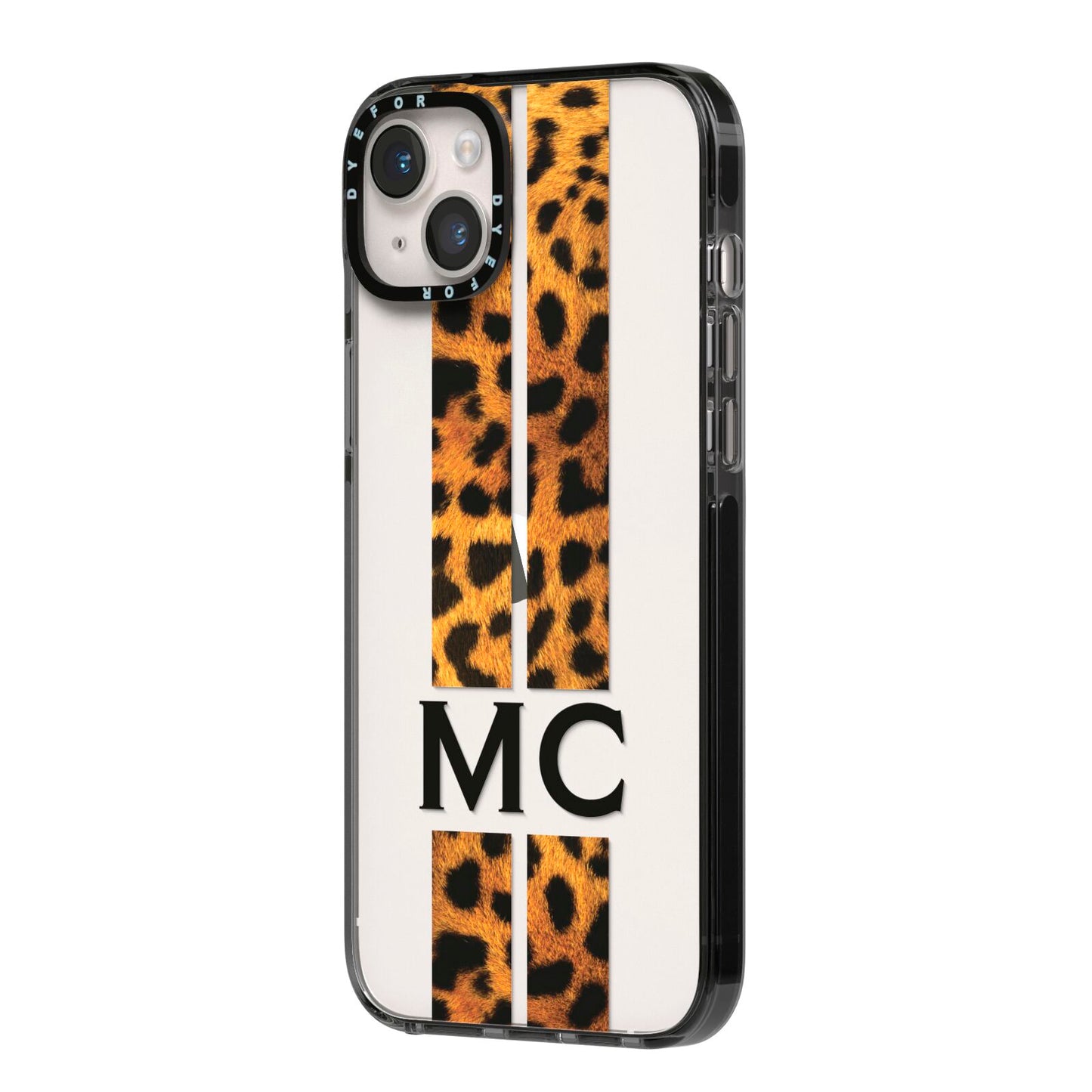 Personalised Leopard Print Stripes Initials iPhone 14 Plus Black Impact Case Side Angle on Silver phone