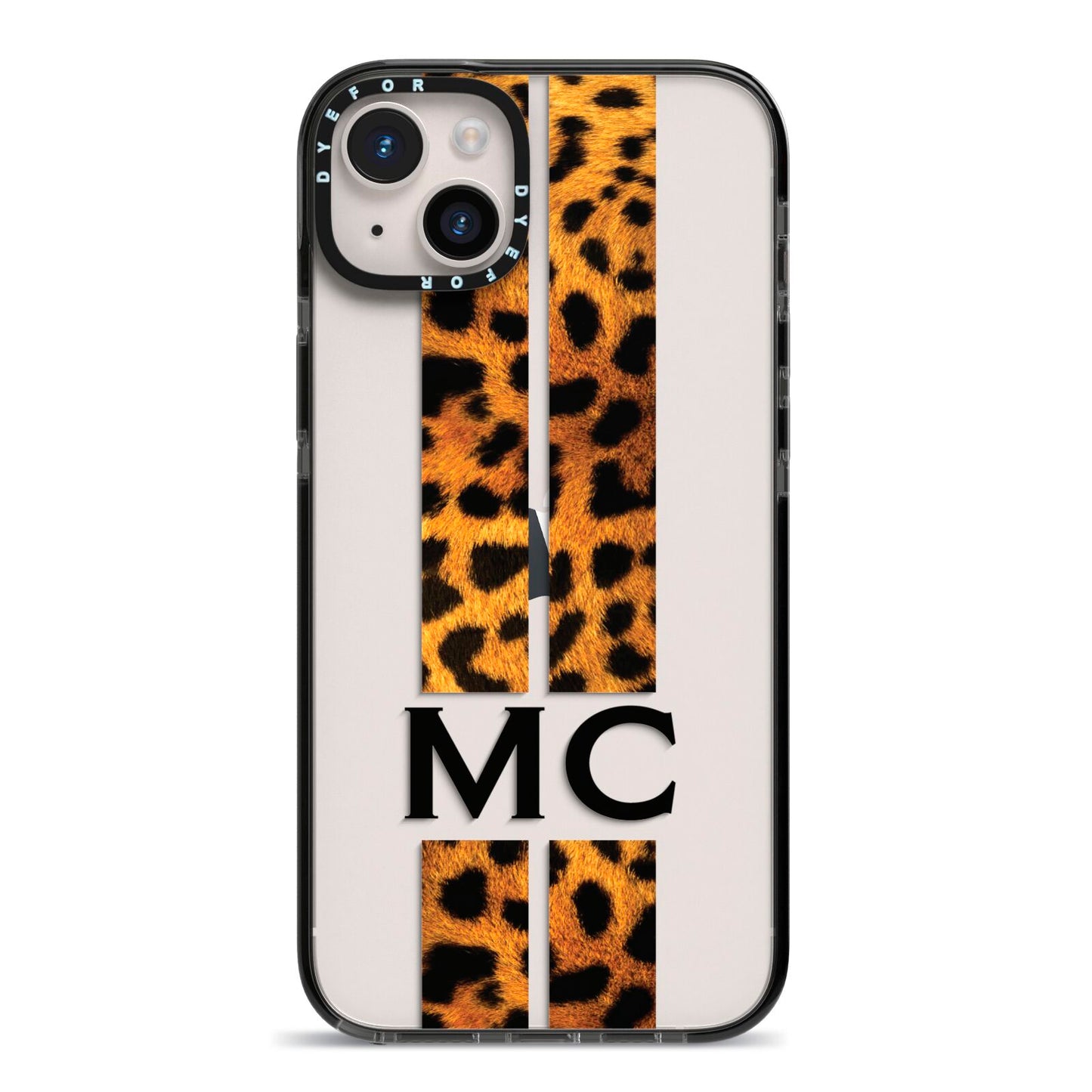 Personalised Leopard Print Stripes Initials iPhone 14 Plus Black Impact Case on Silver phone