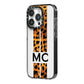Personalised Leopard Print Stripes Initials iPhone 14 Pro Black Impact Case Side Angle on Silver phone