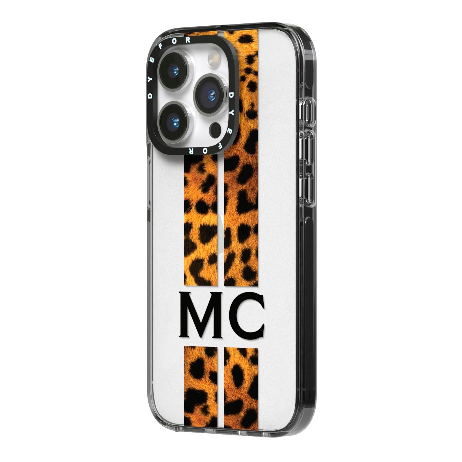 Personalised Leopard Print Stripes Initials iPhone 14 Pro Black Impact Case Side Angle on Silver phone