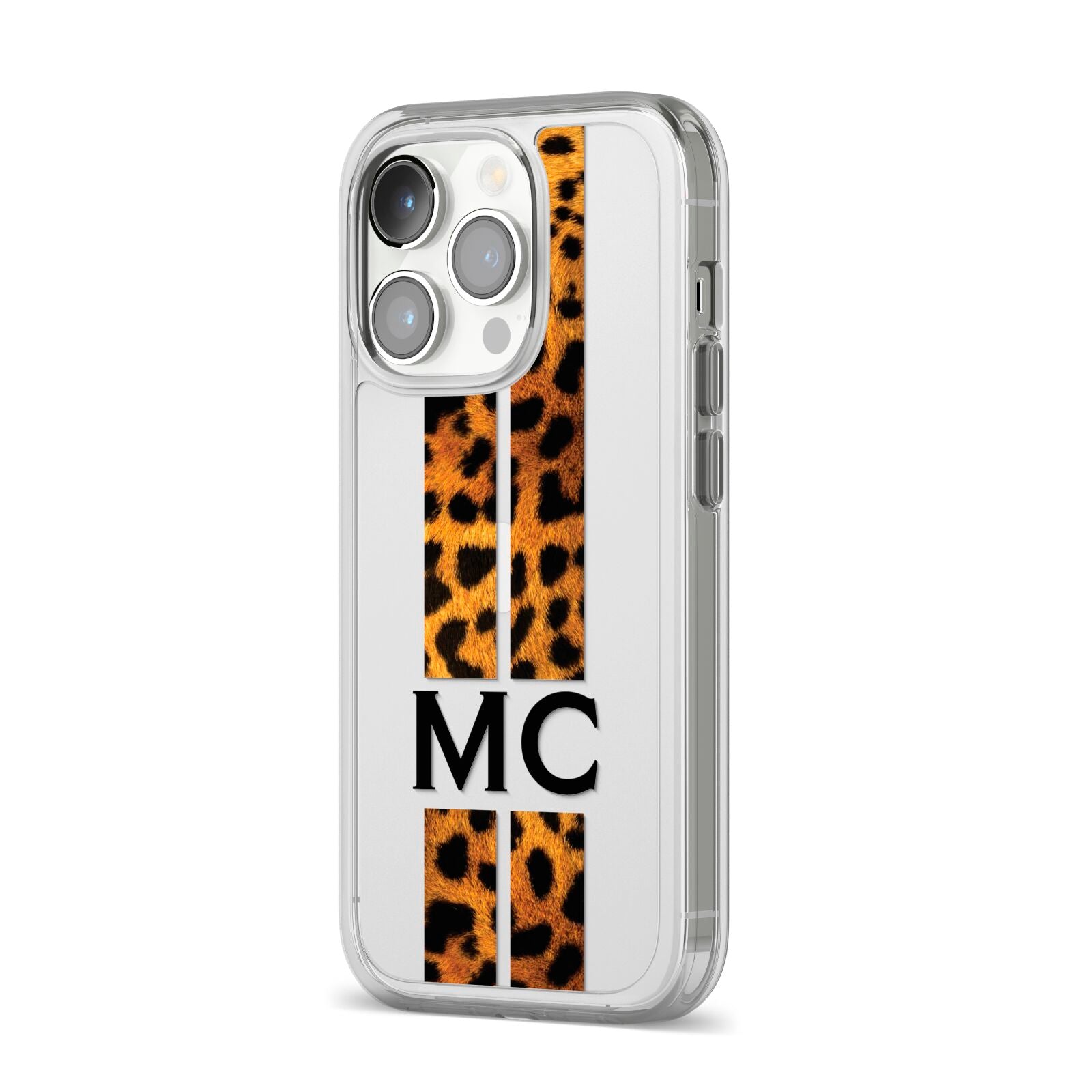 Personalised Leopard Print Stripes Initials iPhone 14 Pro Clear Tough Case Silver Angled Image