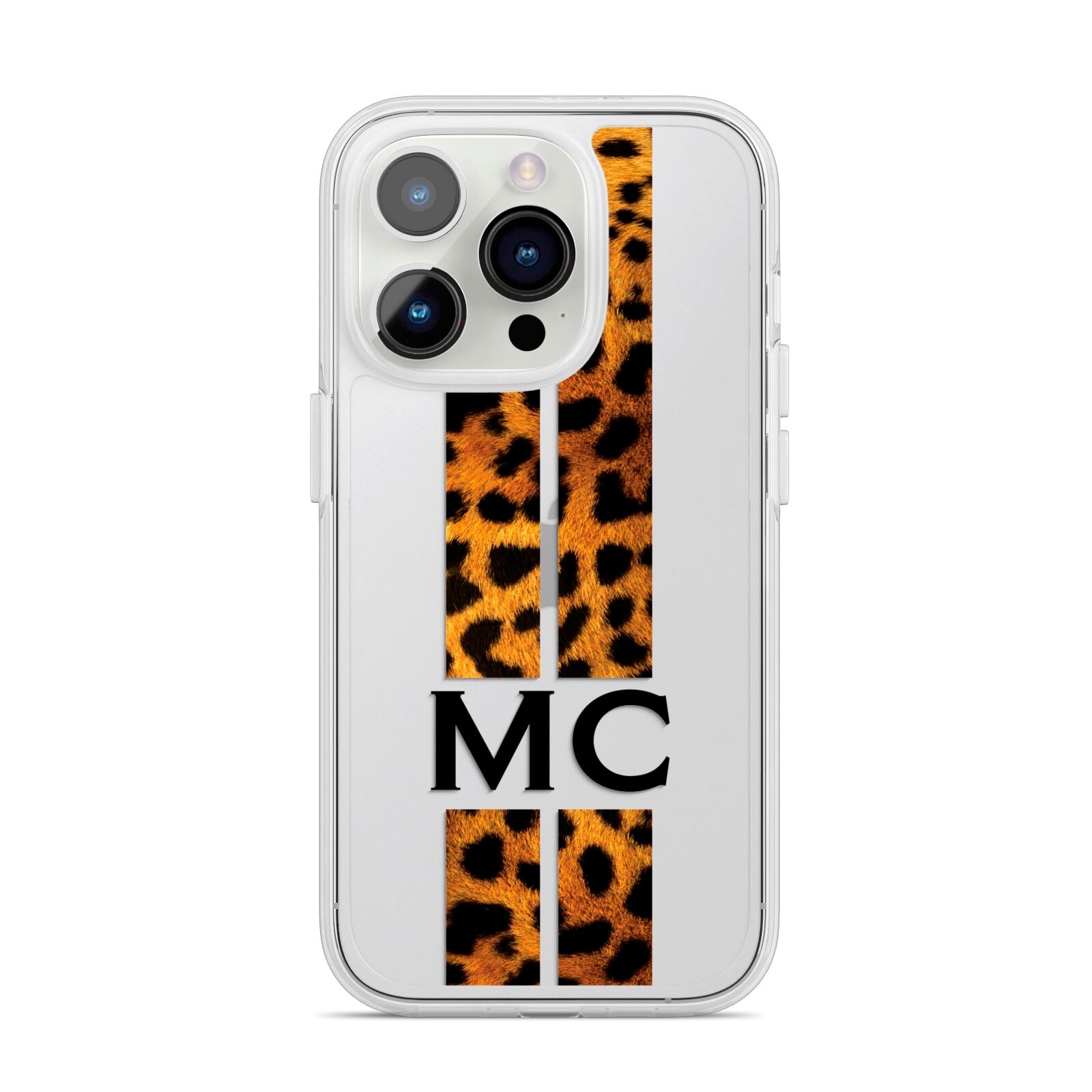 Personalised Leopard Print Stripes Initials iPhone 14 Pro Clear Tough Case Silver