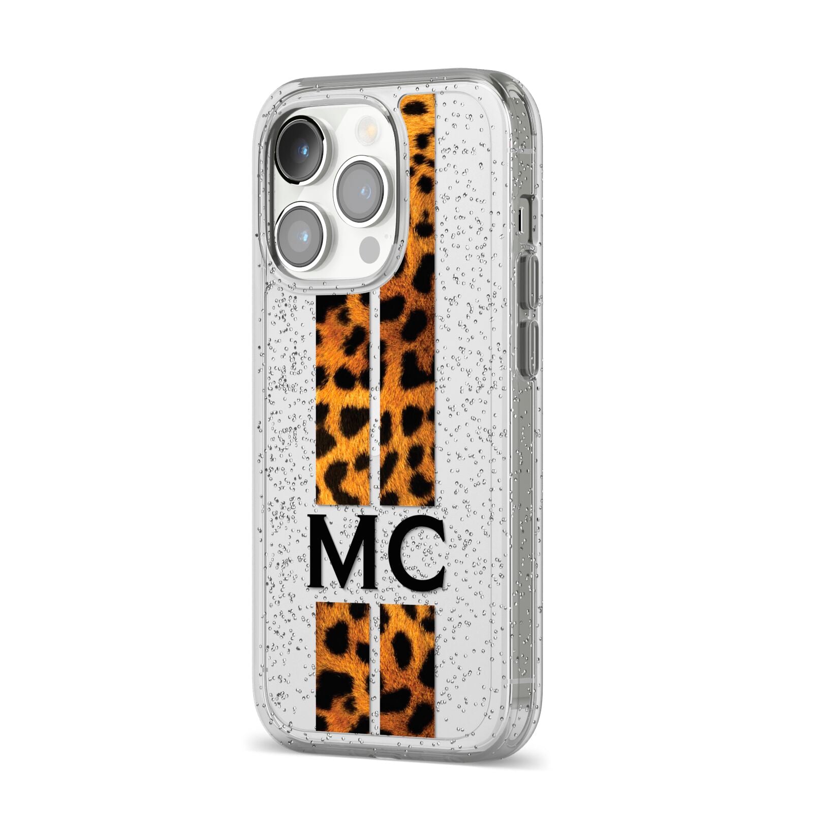 Personalised Leopard Print Stripes Initials iPhone 14 Pro Glitter Tough Case Silver Angled Image