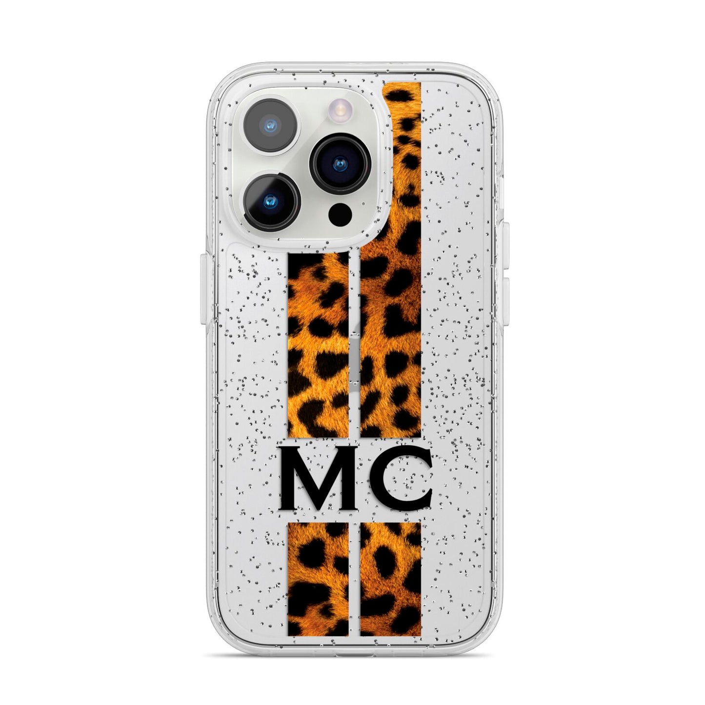 Personalised Leopard Print Stripes Initials iPhone 14 Pro Glitter Tough Case Silver