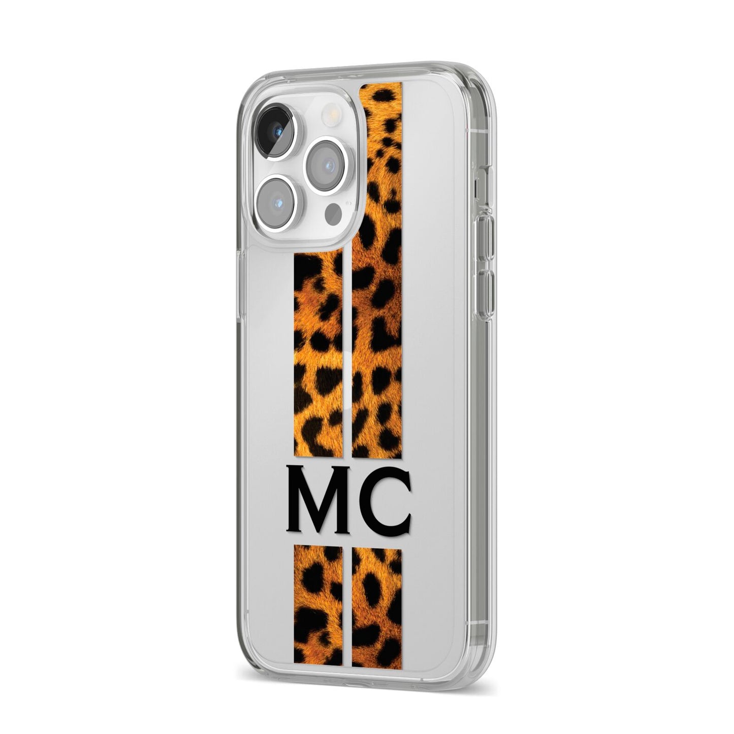 Personalised Leopard Print Stripes Initials iPhone 14 Pro Max Clear Tough Case Silver Angled Image