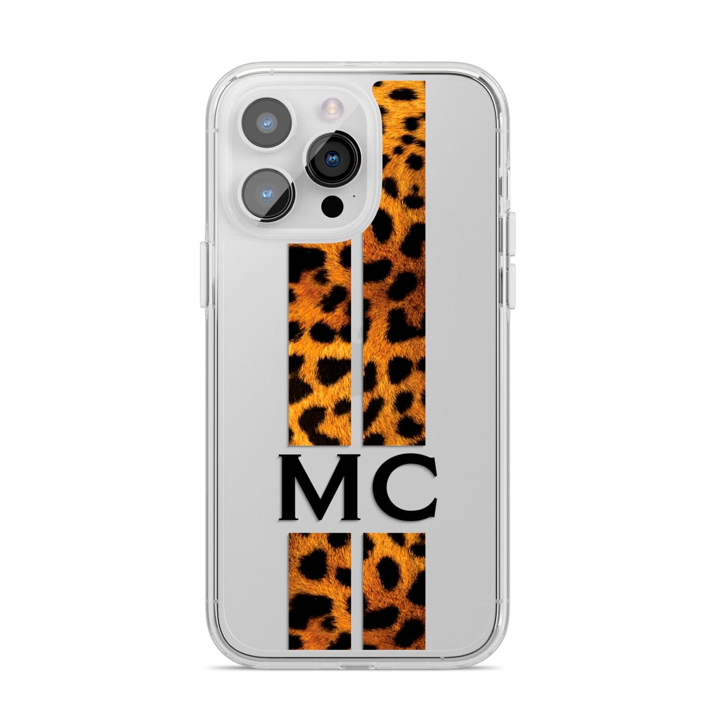 Personalised Leopard Print Stripes Initials iPhone 14 Pro Max Clear Tough Case Silver