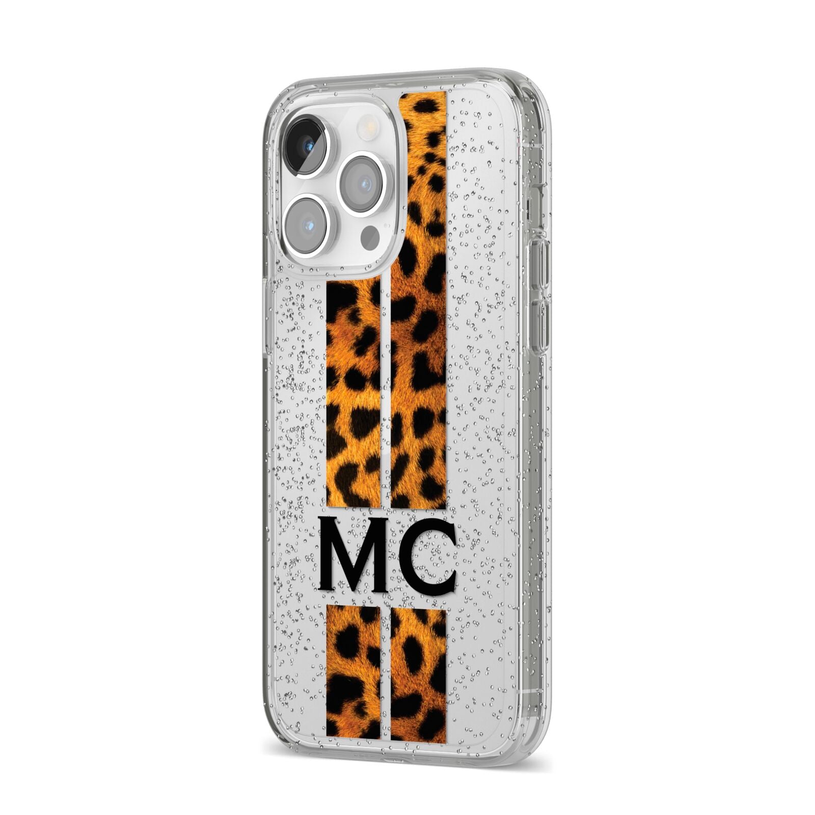 Personalised Leopard Print Stripes Initials iPhone 14 Pro Max Glitter Tough Case Silver Angled Image