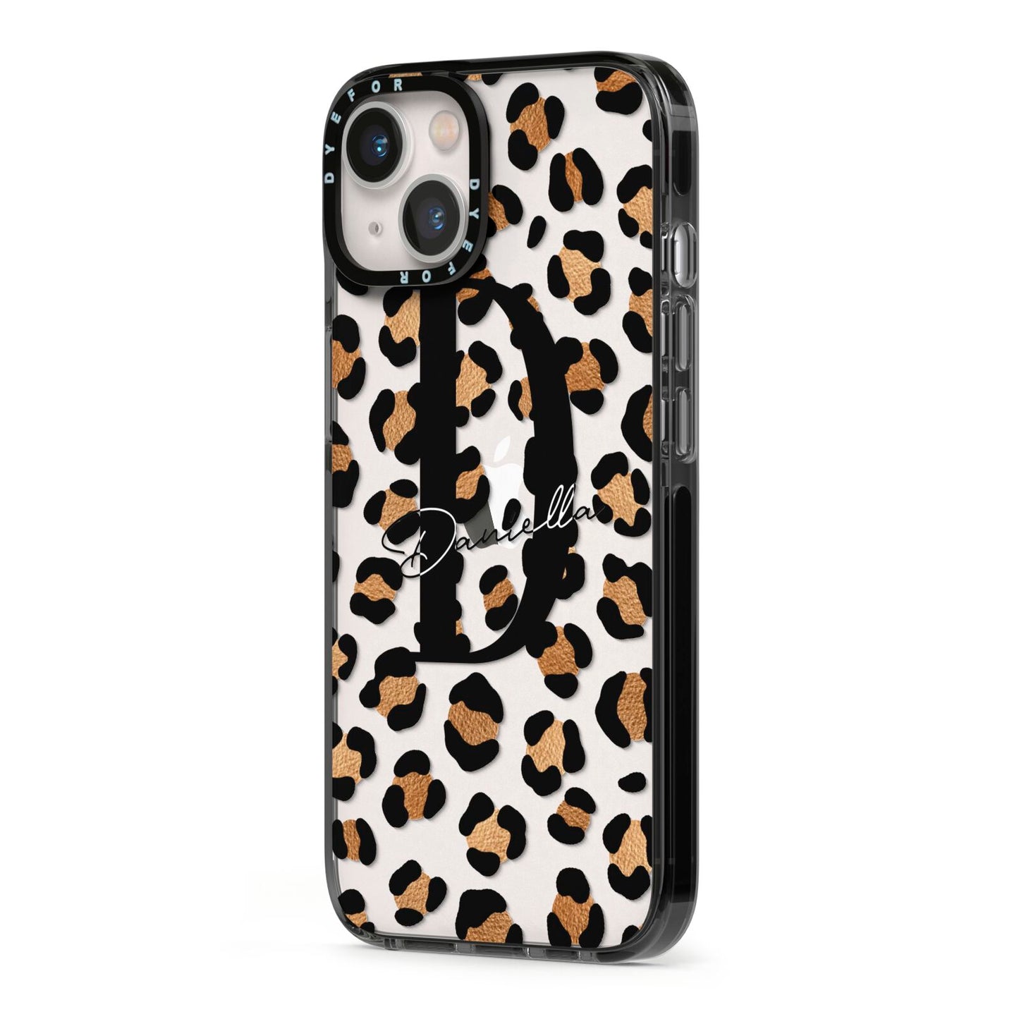 Personalised Leopard Print iPhone 13 Black Impact Case Side Angle on Silver phone