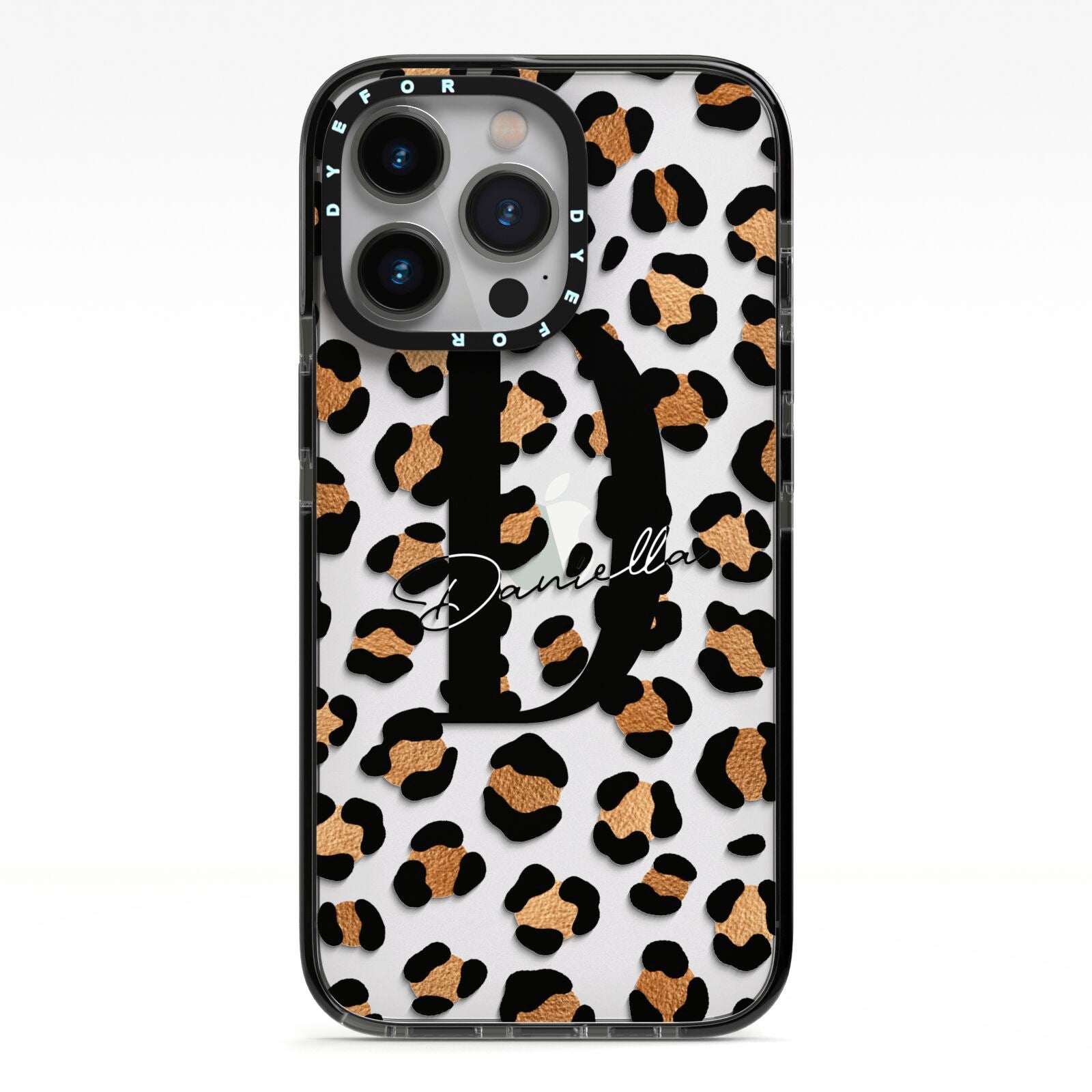 Personalised Leopard Print iPhone 13 Pro Black Impact Case on Silver phone