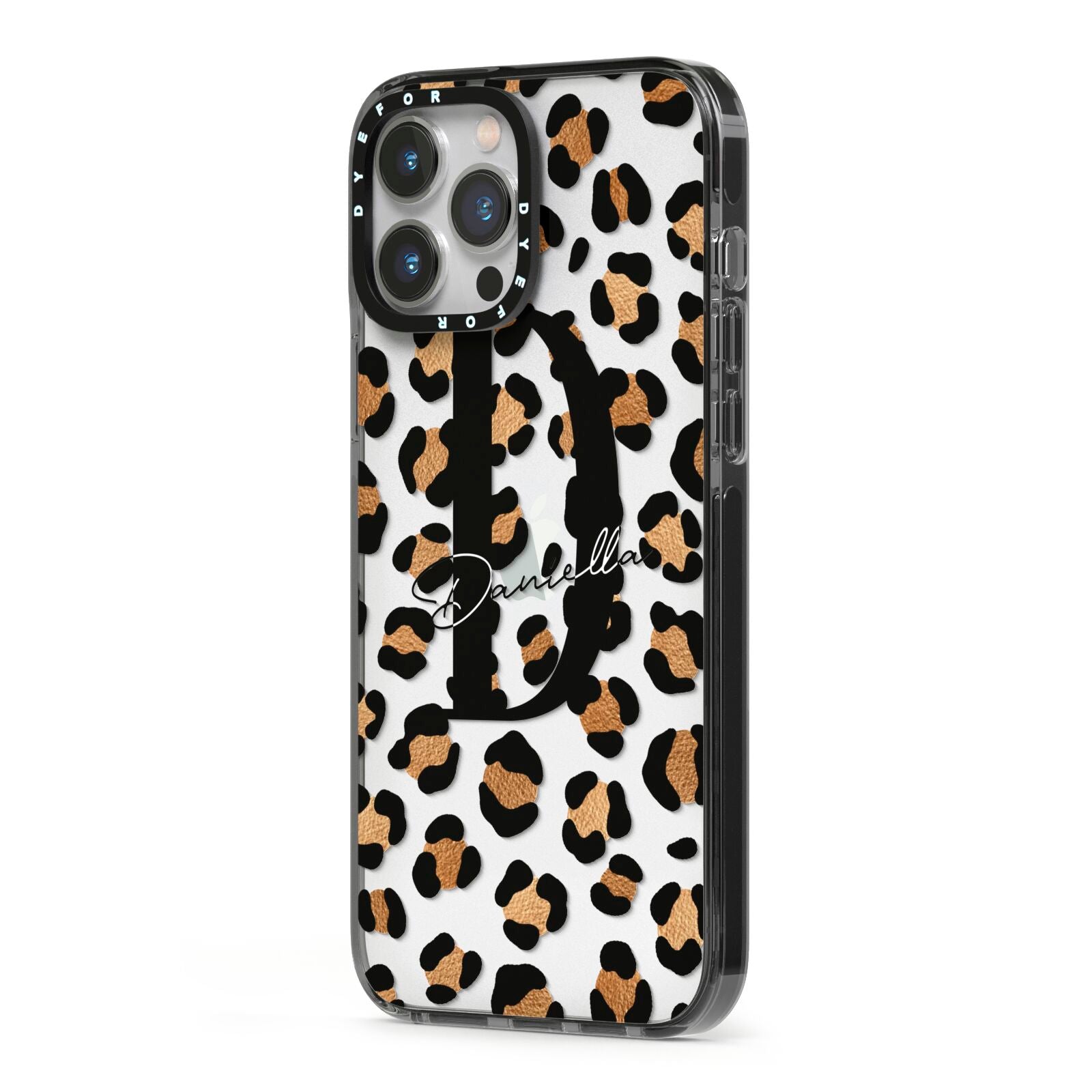 Personalised Leopard Print iPhone 13 Pro Max Black Impact Case Side Angle on Silver phone