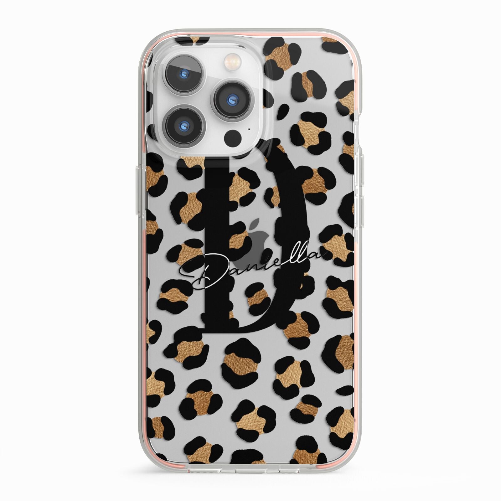 Personalised Leopard Print iPhone 13 Pro TPU Impact Case with Pink Edges