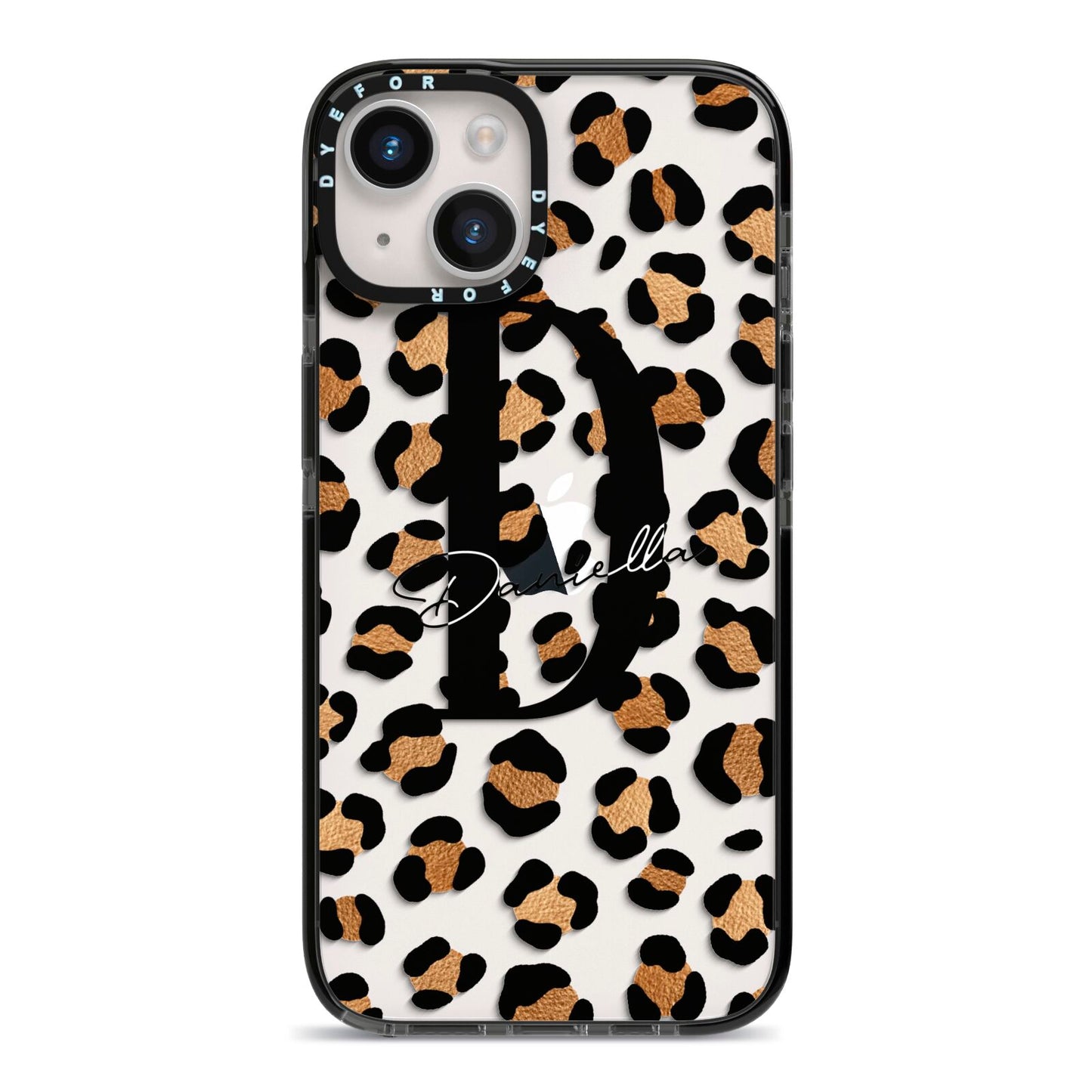 Personalised Leopard Print iPhone 14 Black Impact Case on Silver phone