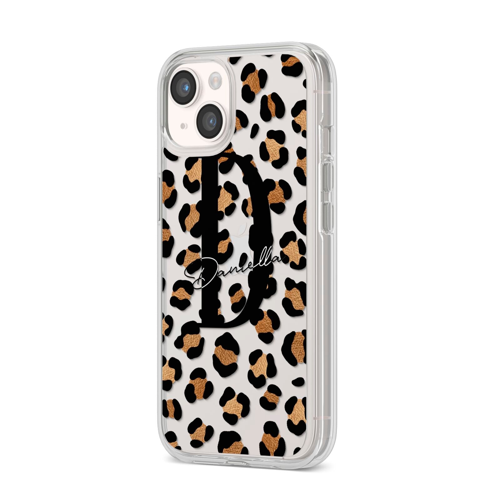 Personalised Leopard Print iPhone 14 Clear Tough Case Starlight Angled Image