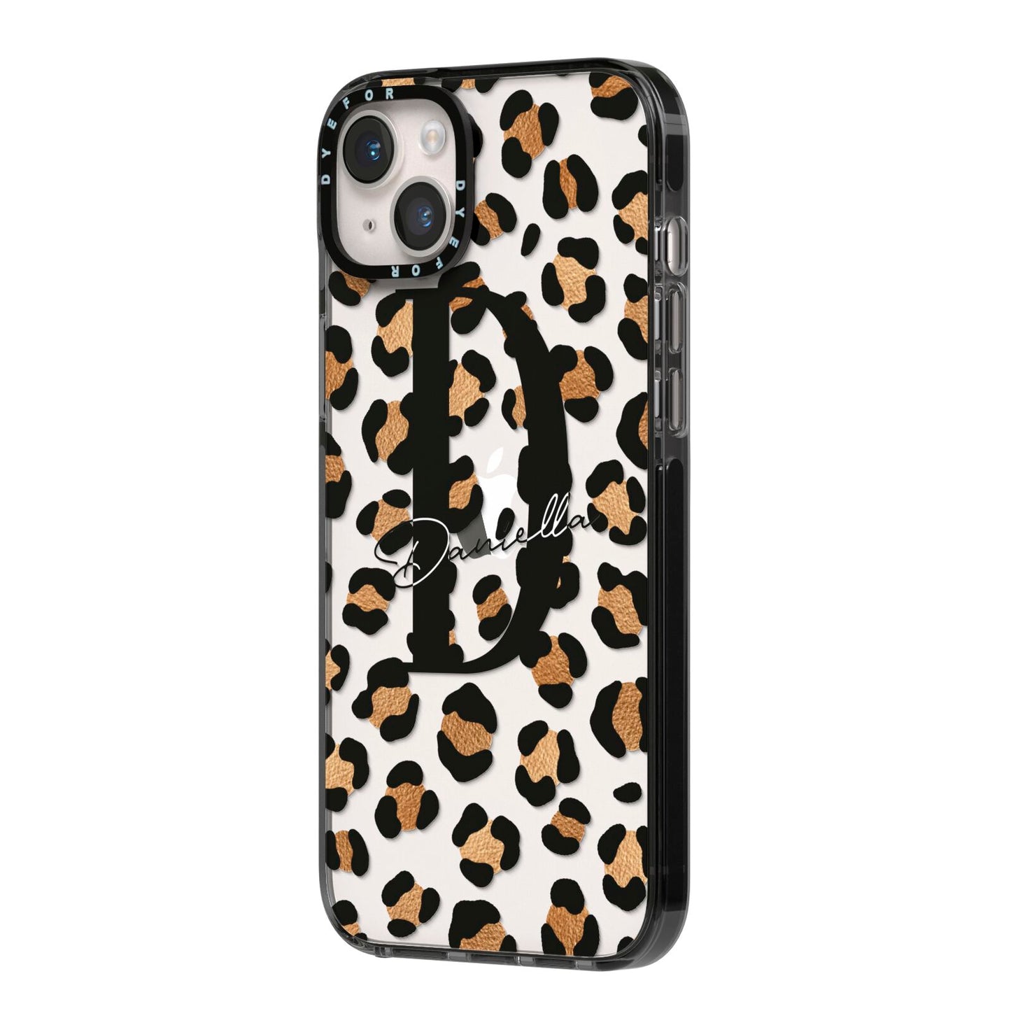Personalised Leopard Print iPhone 14 Plus Black Impact Case Side Angle on Silver phone